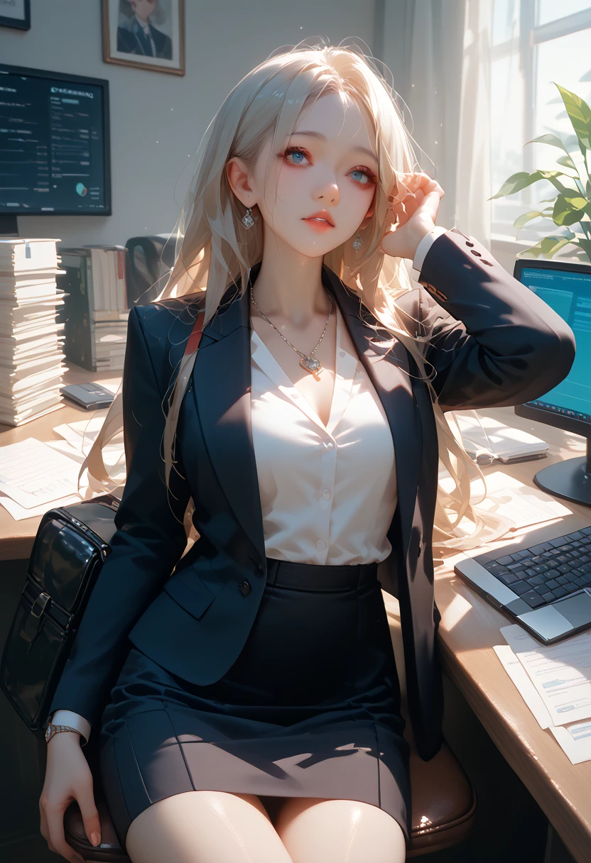 Beautuful Women、35 year old、Long、long hair, a necklace、Wearing a suit、skirt by the、business sui、Good style、s Office、Buttock emphasis