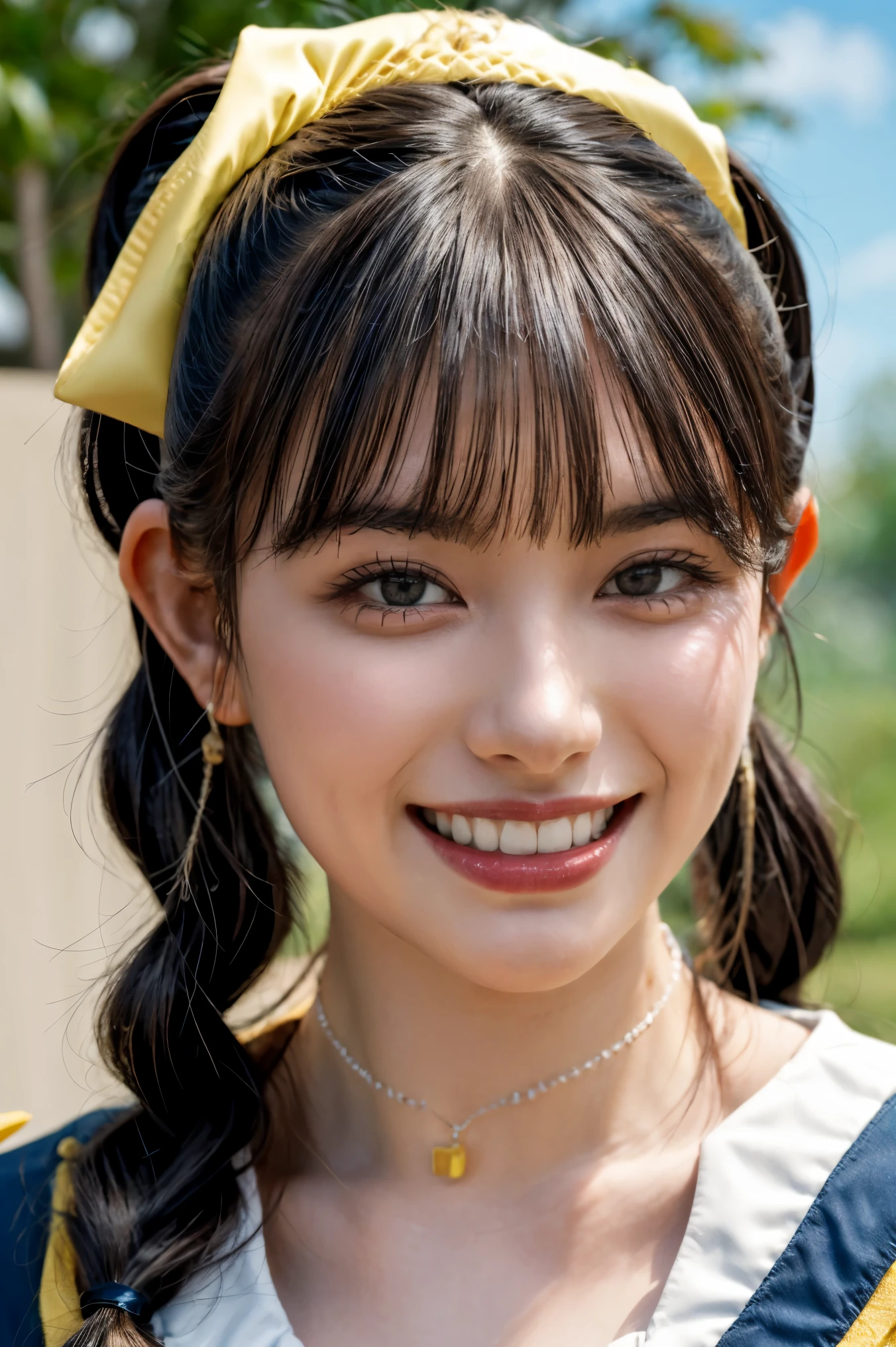 (realistic, photo-realistic:1.2), (masterpiece, best quality), high resolution photograph, extremely detailed, intricate details, sharp details, sharp focus, professional lighting, (portrait), solo, 1girl, a Japanese female idol, (yellow clothes, idol costume), dark hair, (pigtails hair, straight hair, hair scrunchie, blunt bangs:1.2), detailed face, beautiful detailed eyes, sophisticated and detailed nose, beautiful pupils, ((cheerful grin, teeth out)), pale skin, fine-textured skin, (choker, jewelry), photo background, indoors, outdoors, blue sky and clouds,,,