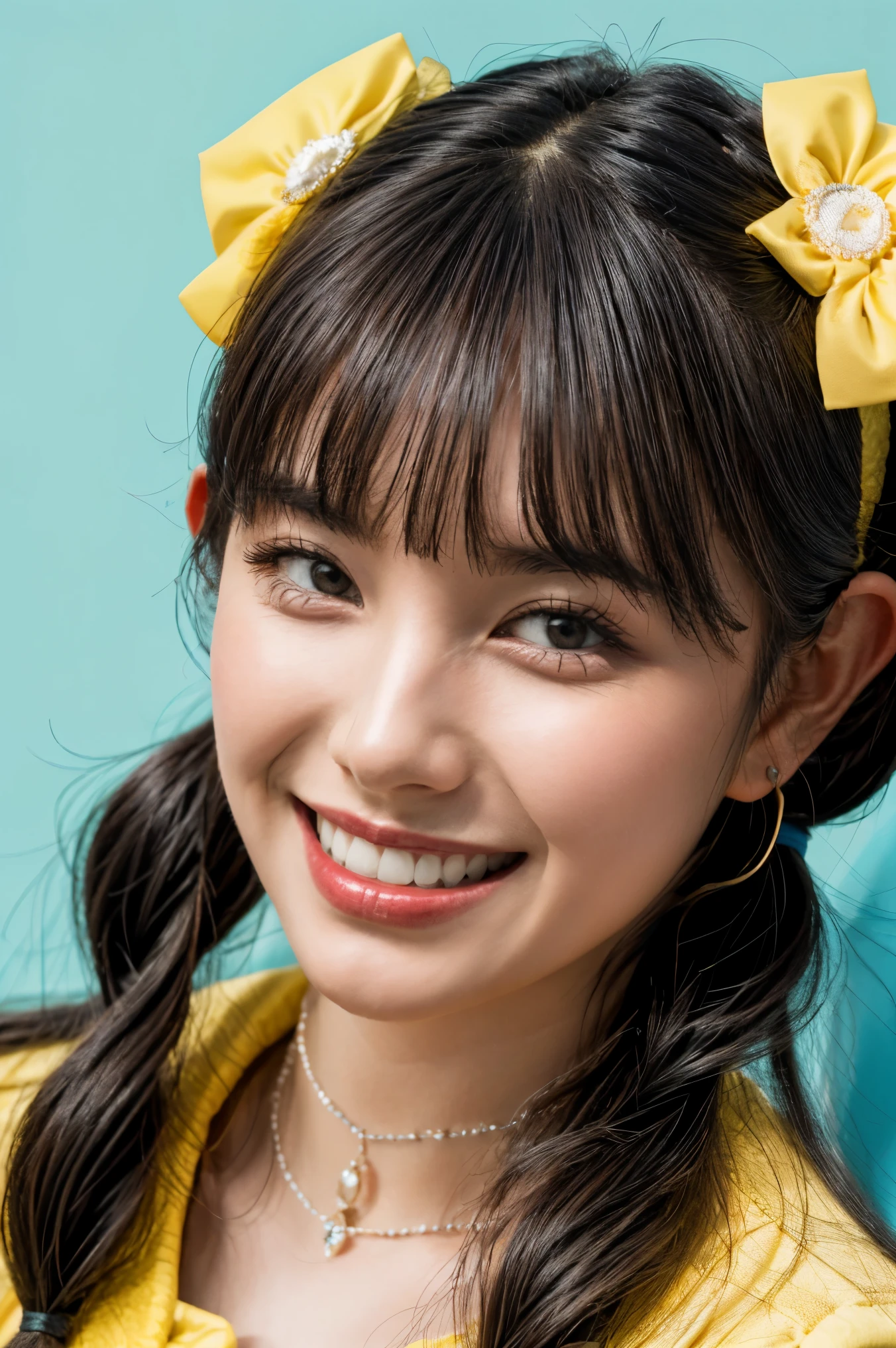 (realistic, photo-realistic:1.2), (masterpiece, best quality), high resolution photograph, extremely detailed, intricate details, sharp details, sharp focus, professional lighting, (portrait), solo, 1girl, a Japanese female idol, (yellow clothes, idol costume), dark hair, (pigtails hair, straight hair, hair scrunchie, blunt bangs:1.2), detailed face, beautiful detailed eyes, sophisticated and detailed nose, beautiful pupils, ((cheerful grin, teeth out)), pale skin, fine-textured skin, (choker, jewelry), photo background, indoors, outdoors, blue sky and clouds,,,