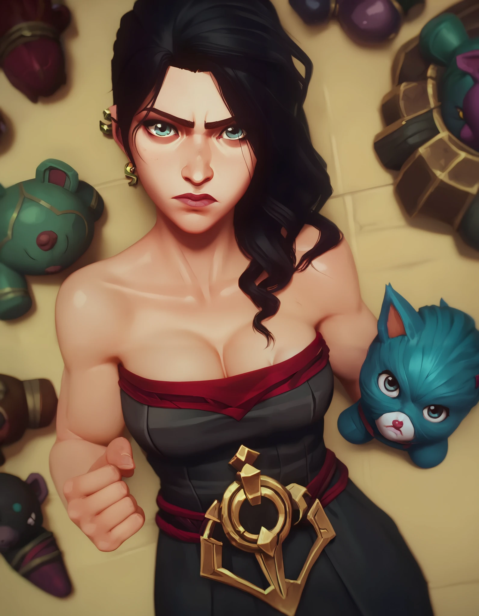 score_9, score_8_above, score_7_above, arcane style, 1 , Alone, breasts, looking at the viewer, shoulder length hair, black hair, wavy hair, cleavage, bare shoulders, jewelry, medium breasts, clavicle, aboveper body, toys, ear piercing, Hand clenched , Sarahashi, (league of legends),