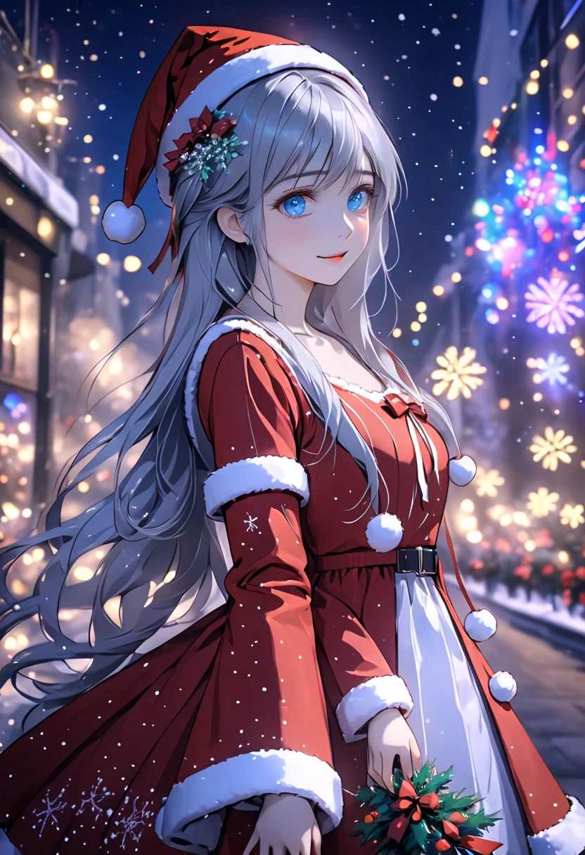 ((Flower style)), Christmas，Christmas gift ，Santa hat，,Light Particles, Light,1 girl with gray hair, very long hair,  blue eyes , stocking, dress , neon lights ,,Night City