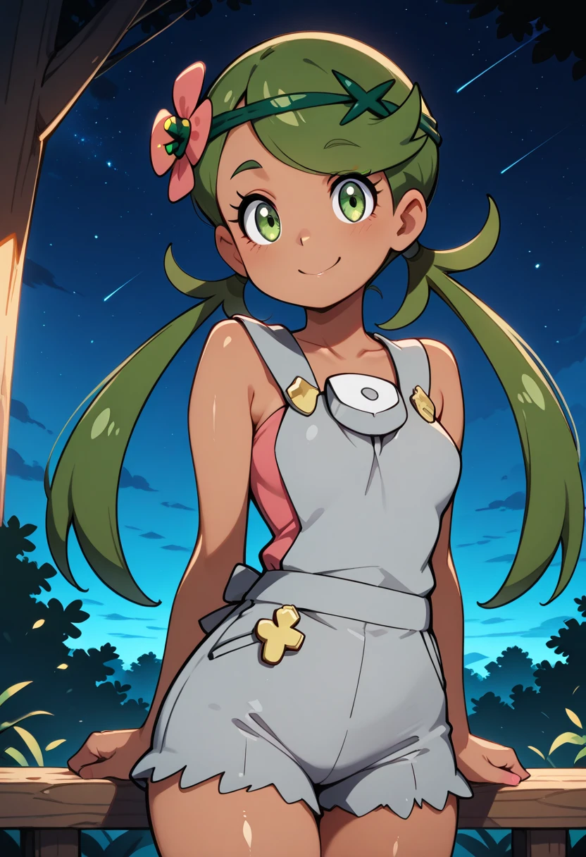 masterpiece, best quality, 1girl, solo, (curvy), cute, eyelashes, (beautiful eyes),
,,,
stars, night, luminescent background, magical forest, 
,,, 
zzMallow, green hair, green eyes, hair flower, hair ornament, grey overalls, pink shirt, sleeveless, grey shorts,
,,, 
smile, looking at viewer, shiny skin, NUDE TITS, NUDE CHEST, 