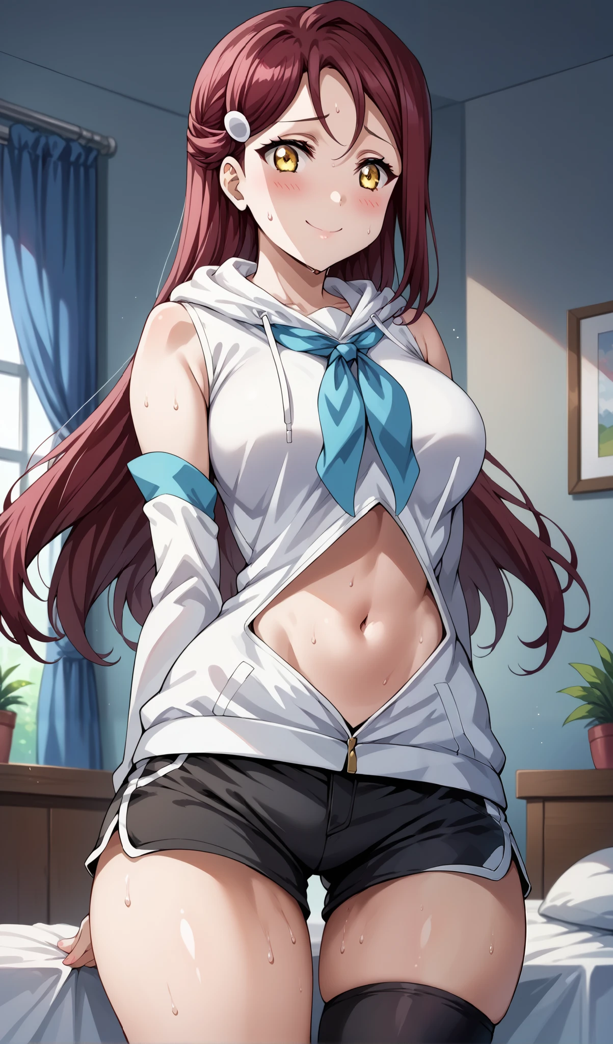 score_9, score_8_up, score_7_up, source_anime, 4K, perfect fingers,
riko sakurauchi, long hair, hair ornament, yellow eyes, red hair, hairclip,large breast,
wearing ((blue neckerchief, white hoodie, detached sleeves, white sleeves, navel, short shorts, black shorts, thigh strap, single thighhigh, black thighhighs)),,
nervous, nervous smile, blushing, looking to the side, sweat, indoors, bedroom,(Arms Behind Back),