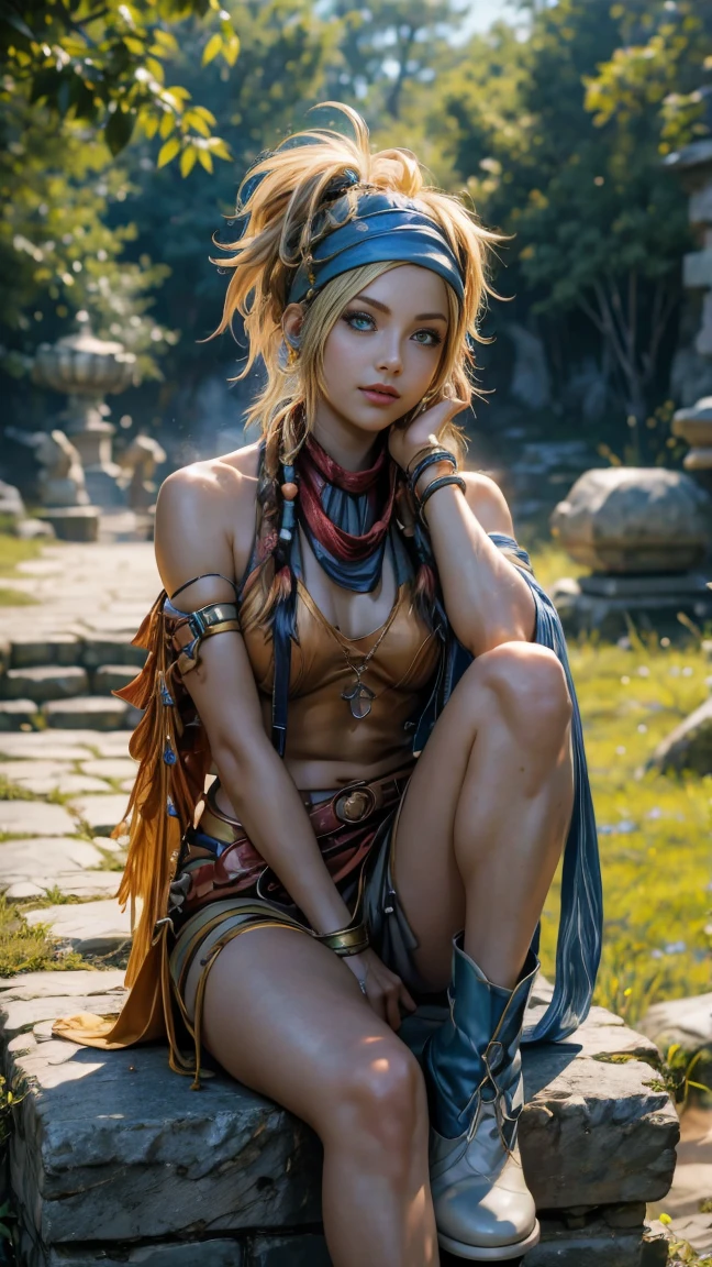 Rikku, the vibrant and lively Vygasian heroine from Final Fantasy X-2, is depicted in this stunning image. She sits confidently on an old stone wall, with one leg crossed over the other, exuding an aura of strength and determination. A gentle breeze playfully ruffles her short bobbed hair, adding an element of dynamism to the scene. Rikku's trademark blue and white mini-dress adorned with loops and pockets is visible, as well as her signature bandana around her neck. With a smirk on her lips and her piercing blue eyes focused intently on the viewer, Rikku strikes an utterly captivating pose.