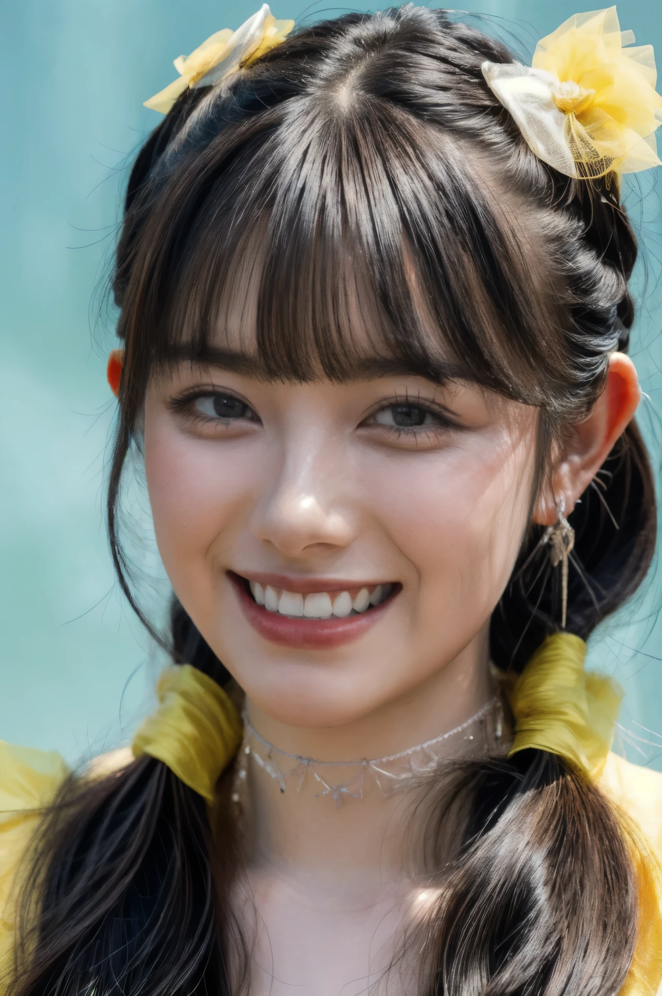 (realistic, photo-realistic:1.2), (masterpiece, best quality), high resolution photograph, extremely detailed, intricate details, sharp details, sharp focus, professional lighting, (portrait), solo, 1girl, a Japanese female idol, (yellow clothes, idol costume), dark hair, (pigtails hair, straight hair, hair scrunchie, blunt bangs:1.2), (detailed face, beautiful detailed eyes, sophisticated nose, beautiful pupils), ((cheerful grin, teeth out)), pale skin, fine-textured skin, (choker, jewelry), photo background, indoors, outdoors, blue sky and clouds,,,