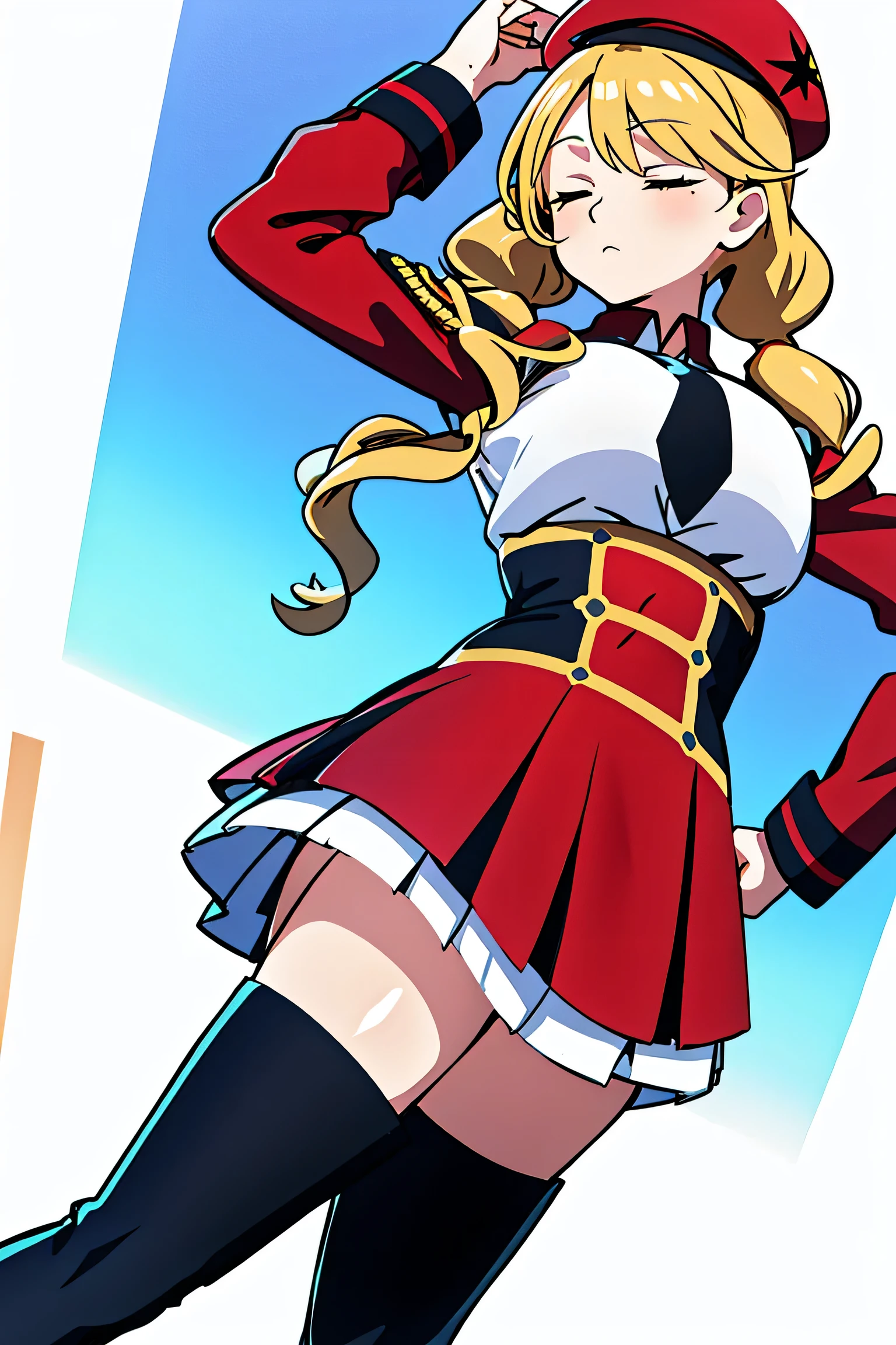 masterpiece, best quality, highres, blue eyes, (serena \(pokemon\):1.5), 1girl, solo, thighhighs, long hair, hat, jewelry, bracelet, black thighhighs, collared shirt, pleated skirt, red skirt, sleeveless, high-waist skirt, sleeveless shirt, eyelashes, black shirt, (cowboy shot:1.5), field, smile, closed mouth, (from below:2), thick thighs, looking down at viewer, upskirt, absolute territory, large breasts, hands on hips, leaning to the side,