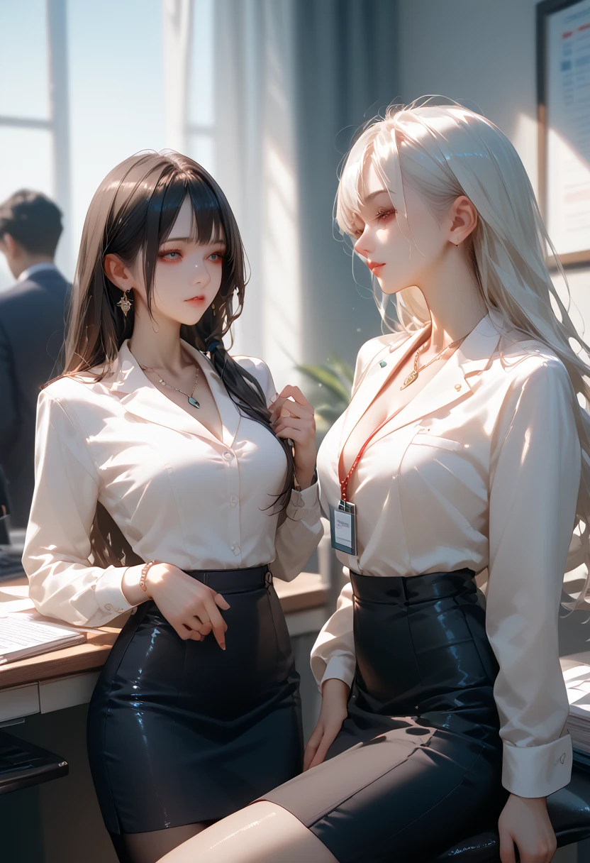 (masterpiece, best quality:1.3, anime style), 2girls, nice hands, cowboy shot, upper body, flirting, 18yo, beautiful hips, brown hair, curly hair, long hair, hazel eyes, front layers hairstyle, unbutton, black skirt, white shirt, university, fair thigh, office, work, full body, twins,