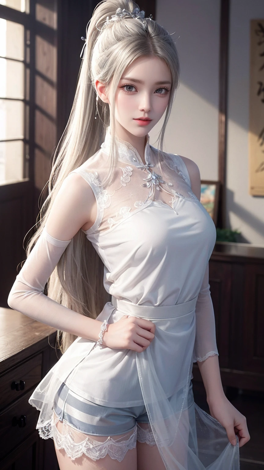 (Best Quality, Masterpiece: 1.2), Realistic, Ultra High Resolution, Front Lighting, Intricate Details, Delicate Details and Textures, 1girl, (Young), Face Highlight, Upper Body, Detail Face, Clean Skin, White Skin, Silver Hair, Ponytail, Braid, Look at the Audience, Big Eyes, Sun Dress, Slip Dress, (Openwork Pattern, White, Silk), Earrings, Small ????, Slim Figure, Deluxe Room, Royal Palace, Professional Lighting, Photon Mapping, Teleportion, Physics-Based Rendering,