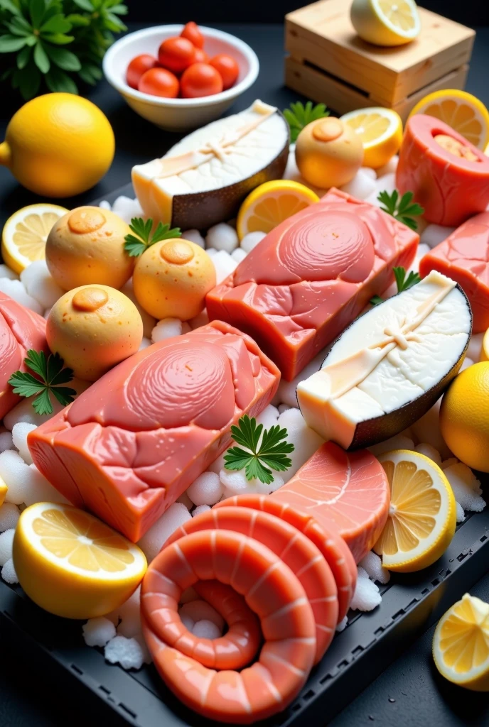 An artistic composition featuring a vibrant seafood market display. Show a variety of high-quality seafood items arranged attractively on crushed ice. Include a fresh cut of pirarucu belly, golden and crispy codfish balls (bolinho de bacalhau), a fillet of shark (cação), a pile of neatly peeled and deveined shrimp (camarão), and a small portion of pure crab meat (carne de siri pura). Surround the scene with subtle hints of a market atmosphere, such as wooden crates, lemon slices, and parsley garnish, emphasizing freshness and premium quality."
