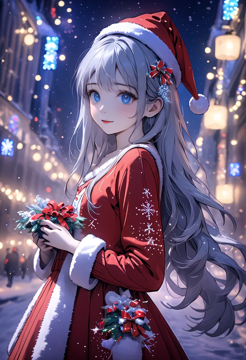 ((Flower style)), Christmas，Christmas gift ，Santa hat，,Light Particles, Light,1 girl with gray hair, very long hair,  blue eyes , stocking, dress , neon lights ,,Night City