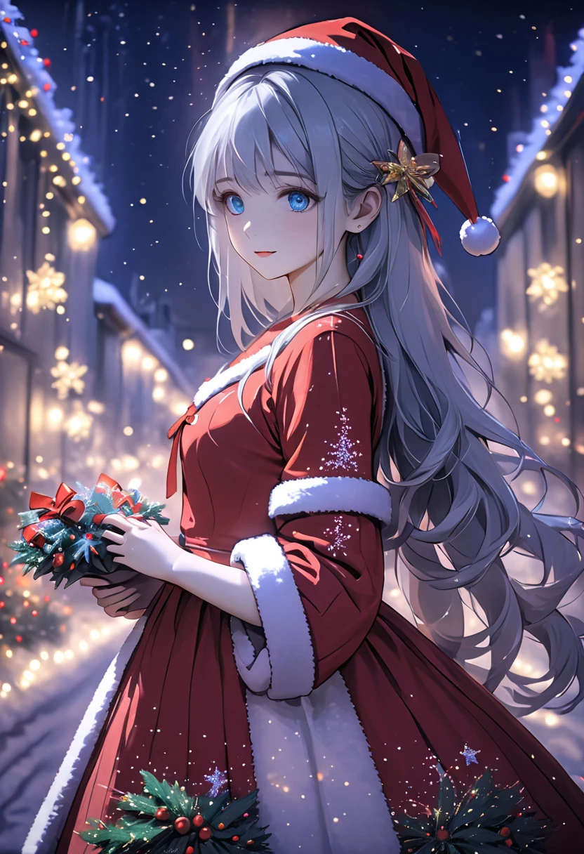 ((Flower style)), Christmas，Christmas gift ，Santa hat，,Light Particles, Light,1 girl with gray hair, very long hair,  blue eyes , stocking, dress , neon lights ,,Night City