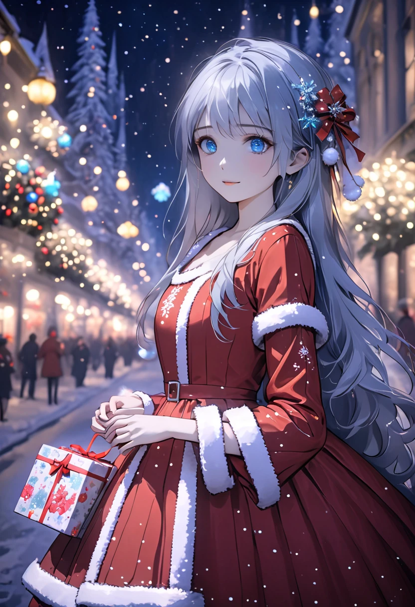 ((Flower style)), Christmas，Christmas gift ，Santa hat，,Light Particles, Light,1 girl with gray hair, very long hair,  blue eyes , stocking, dress , neon lights ,,Night City