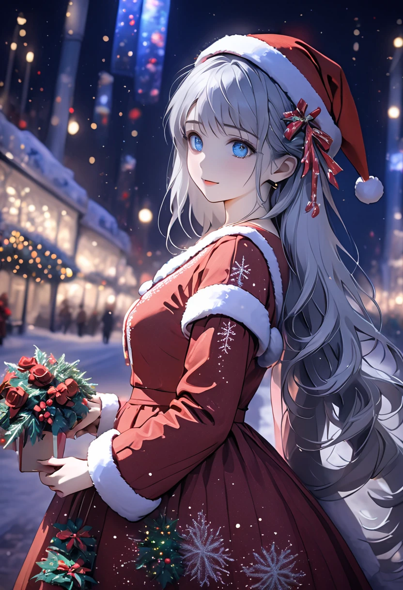 ((Flower style)), Christmas，Christmas gift ，Santa hat，,Light Particles, Light,1 girl with gray hair, very long hair,  blue eyes , stocking, dress , neon lights ,,Night City