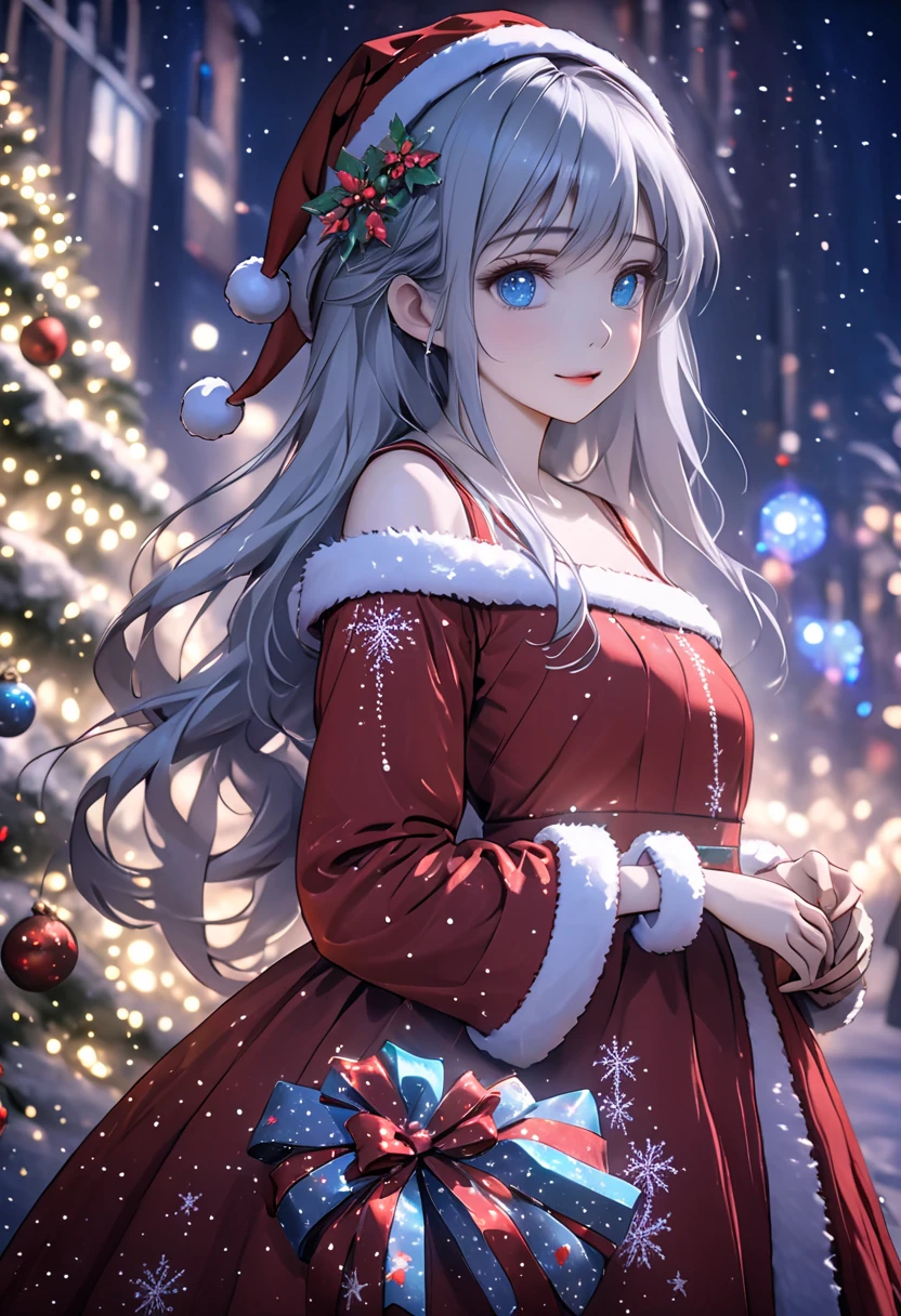 ((Flower style)), Christmas，Christmas gift ，Santa hat，,Light Particles, Light,1 girl with gray hair, very long hair,  blue eyes , stocking, dress , neon lights ,,Night City