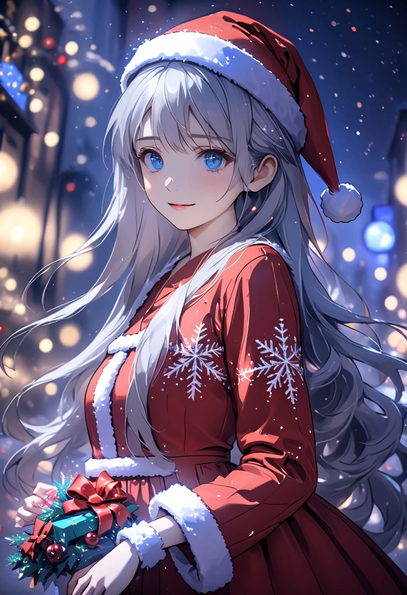 ((Flower style)), Christmas，Christmas gift ，Santa hat，,Light Particles, Light,1 girl with gray hair, very long hair,  blue eyes , stocking, dress , neon lights ,,Night City