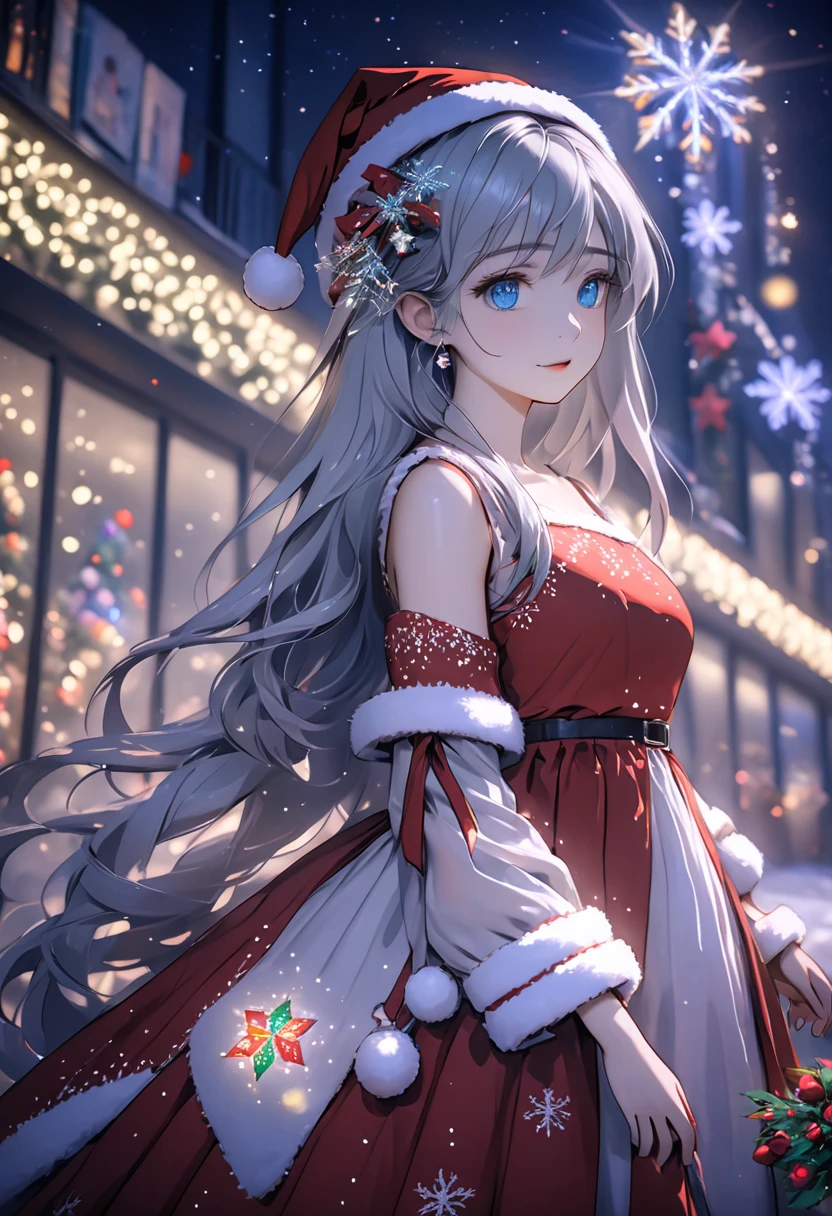 ((Flower style)), Christmas，Christmas gift ，Santa hat，,Light Particles, Light,1 girl with gray hair, very long hair,  blue eyes , stocking, dress , neon lights ,,Night City