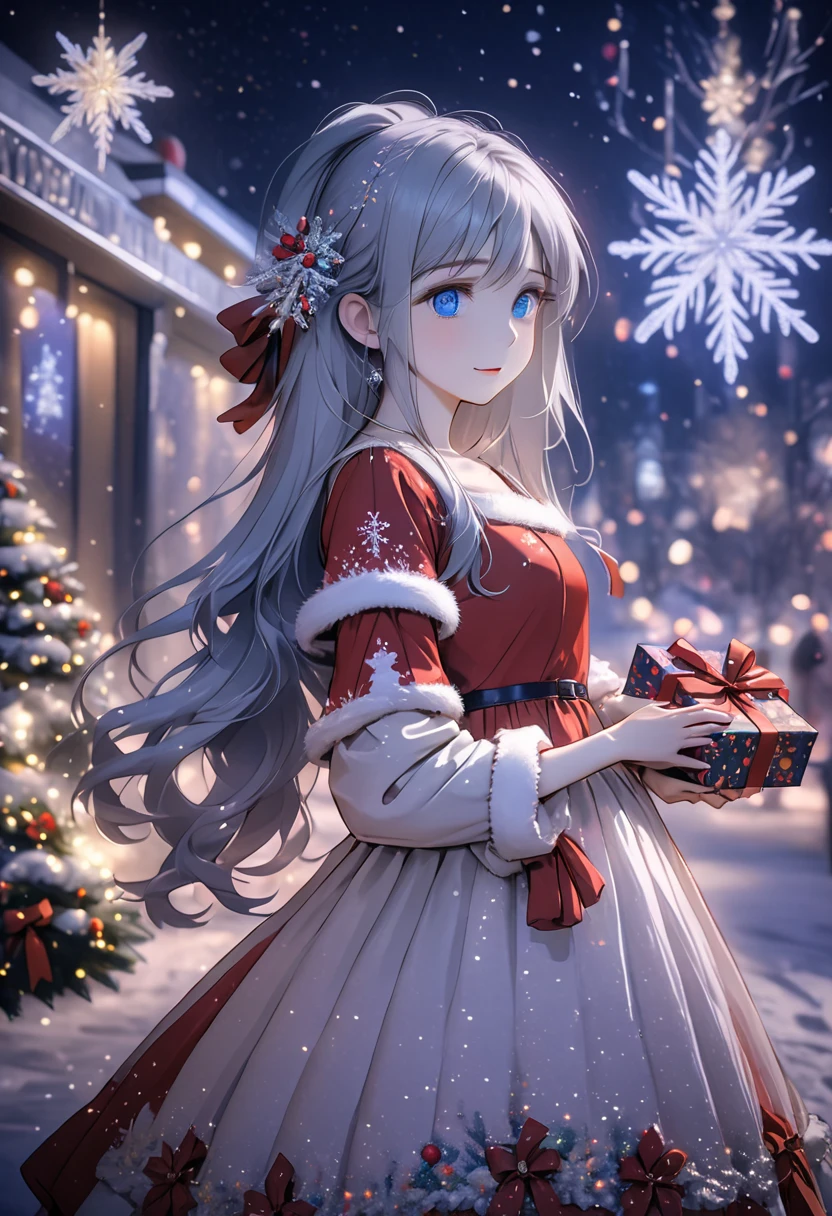 ((Flower style)), Christmas，Christmas gift ，Santa hat，,Light Particles, Light,1 girl with gray hair, very long hair,  blue eyes , stocking, dress , neon lights ,,Night City