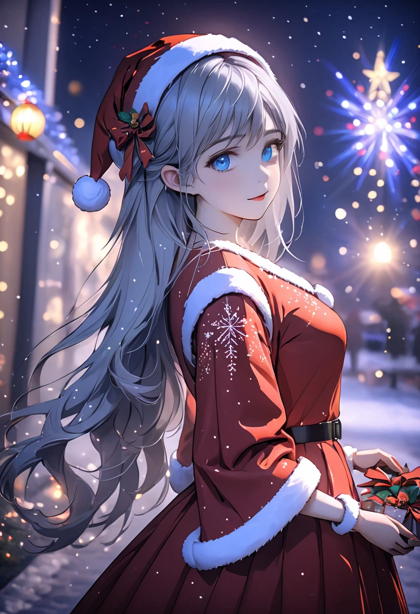 ((Flower style)), Christmas，Christmas gift ，Santa hat，,Light Particles, Light,1 girl with gray hair, very long hair,  blue eyes , stocking, dress , neon lights ,,Night City