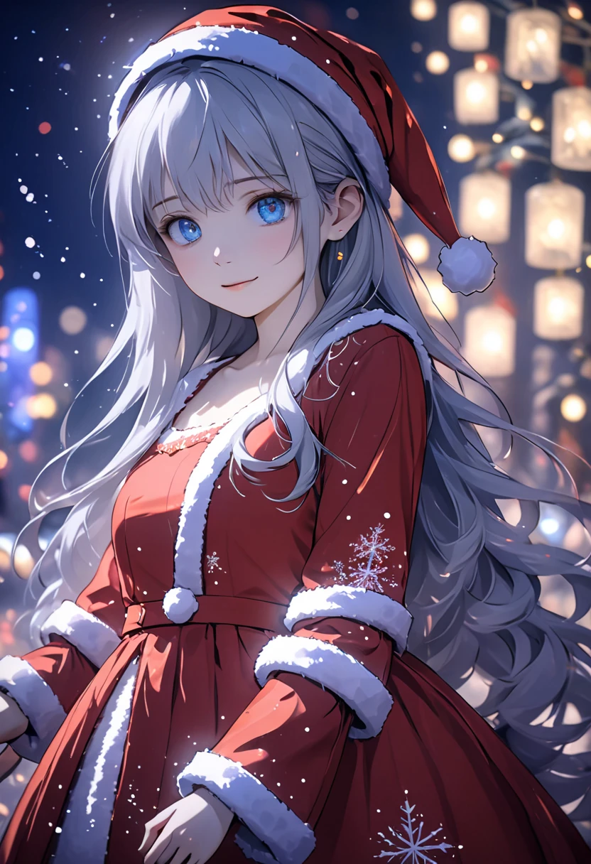 ((Flower style)), Christmas，Christmas gift ，Santa hat，,Light Particles, Light,1 girl with gray hair, very long hair,  blue eyes , stocking, dress , neon lights ,,Night City