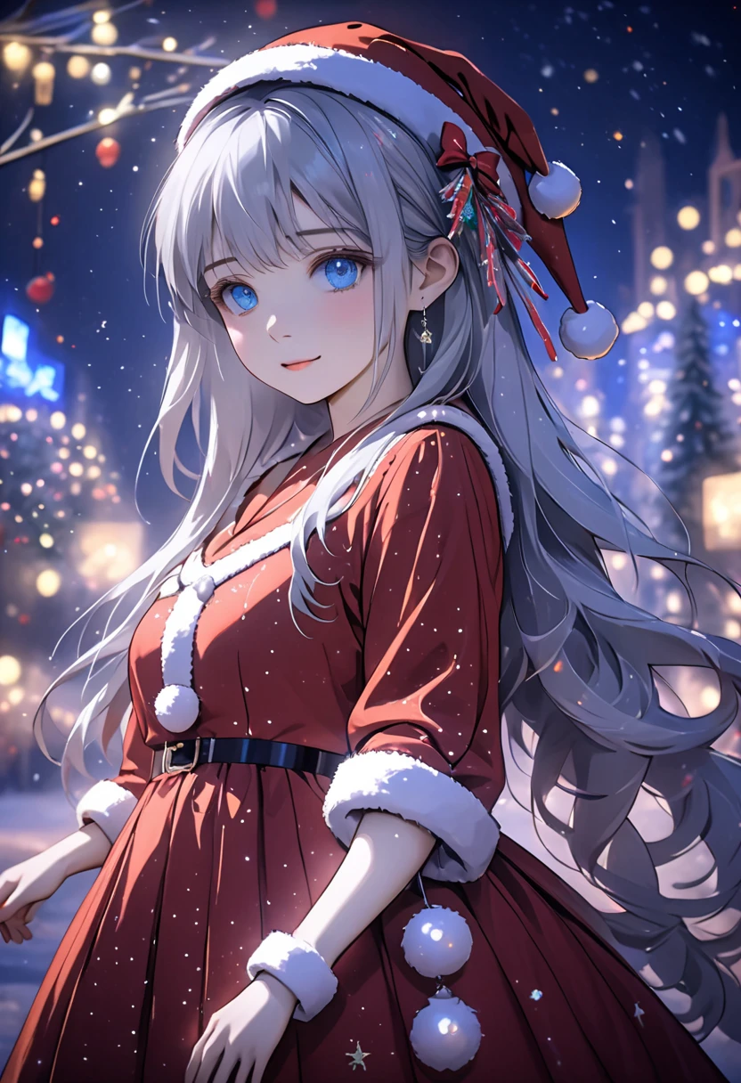 ((Flower style)), Christmas，Christmas gift ，Santa hat，,Light Particles, Light,1 girl with gray hair, very long hair,  blue eyes , stocking, dress , neon lights ,,Night City