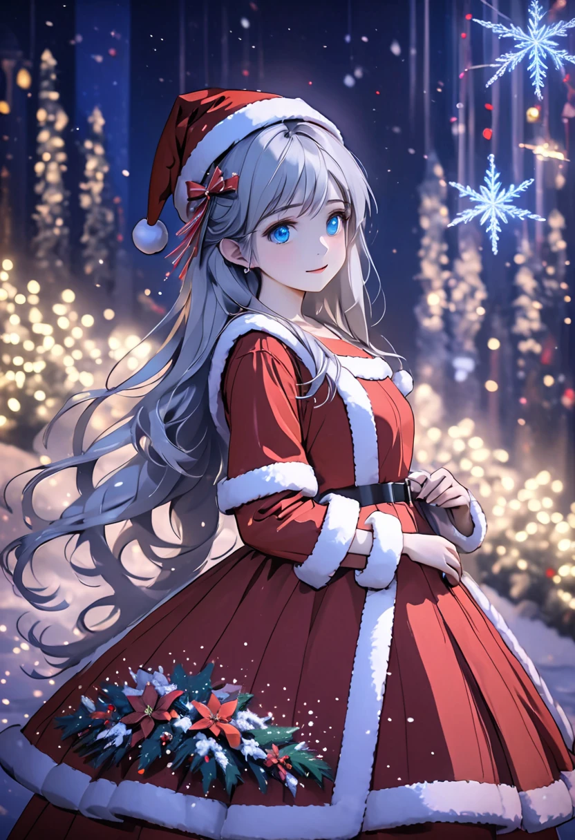 ((Flower style)), Christmas，Christmas gift ，Santa hat，,Light Particles, Light,1 girl with gray hair, very long hair,  blue eyes , stocking, dress , neon lights ,,Night City