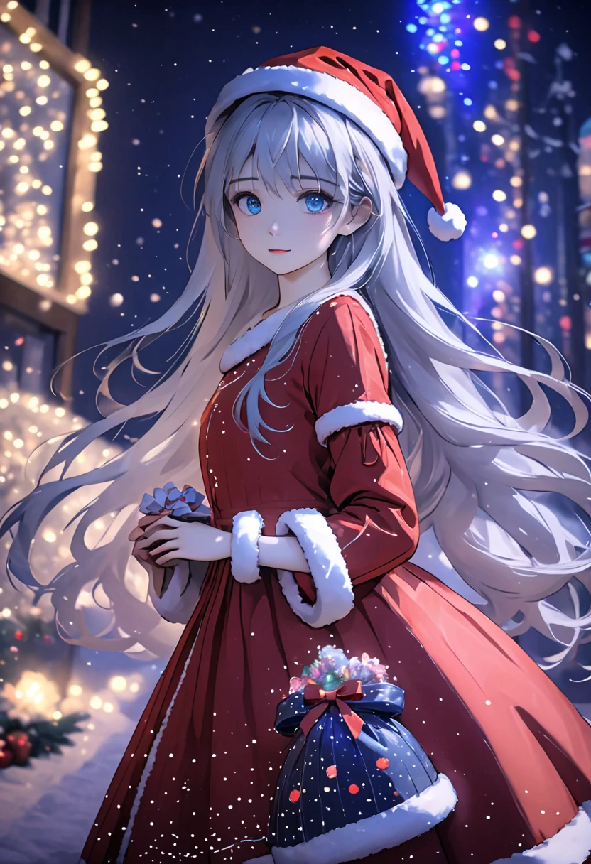 ((Flower style)), Christmas，Christmas gift ，Santa hat，,Light Particles, Light,1 girl with gray hair, very long hair,  blue eyes , stocking, dress , neon lights ,,Night City