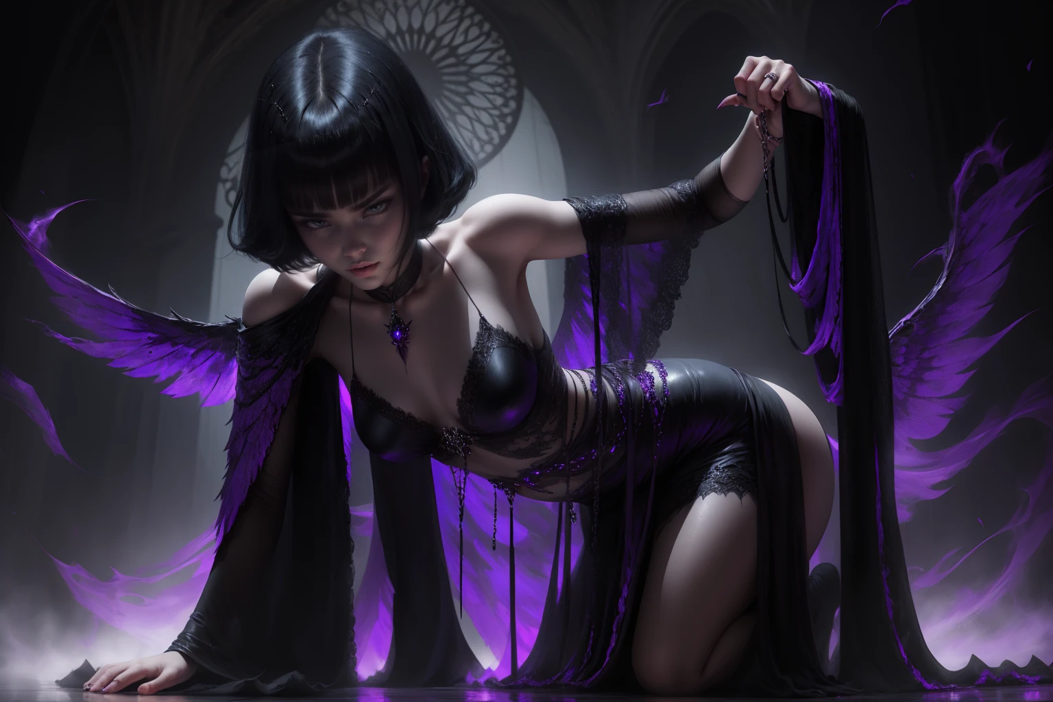 {-erro_de_anatomia:1.0} woman 30 years old, witchcraft, magician,magic clothes, where poison potions and vines abound, a woman (hutless), short black hair (black hair), (bangs), (purple eyes), looks at you amidst a pile of bones and skulls. Indifferent look , merciless. among the skulls, dancing witk a demon, Angry face, dinamic poses, egoist smile, upper body, sitting on the ground, backwards, looking back.