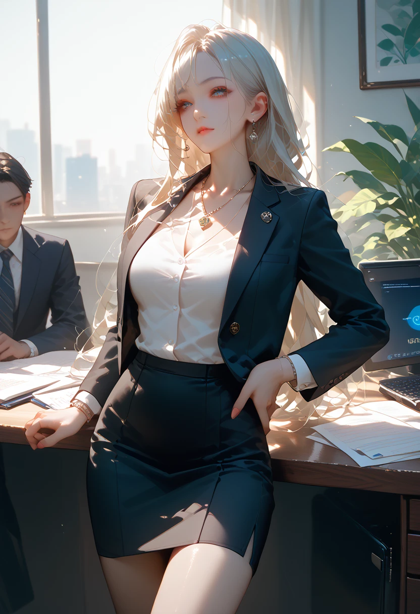 1 girl,Beautuful Women、35 year old、Long、long hair, a necklace、Wearing a suit、skirt by the、business sui、Good style、s Office、Buttock emphasis