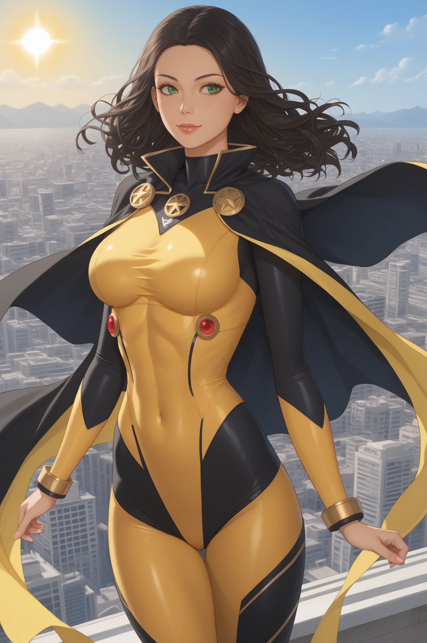 score_9, score_8_acima, score_7_acima, obra-prima, alta qualidade, QUEBRAR
Super heroine, Latina, light brown skin, adorned with long, wavy black hair and outstretched green eyes. Bodysuit, sexy, sun symbol, yellow costume, black cape, city, profile