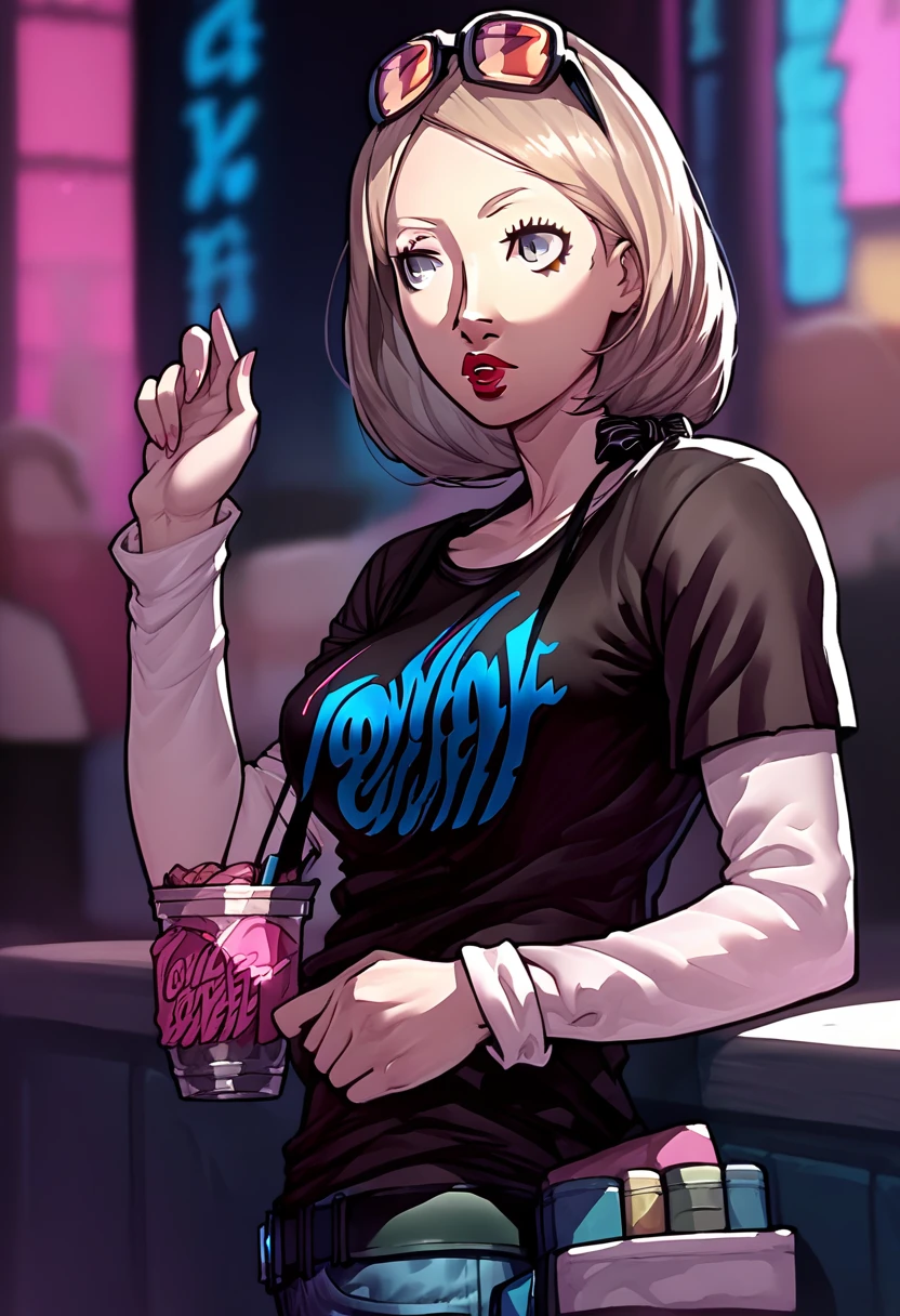 1 girl, sunglasses on head, lipstick, black t-shirt, clothes writing, layered sleeves, large breasts, jeans, Mercedes von Martritz, grey eyes, light brown hair