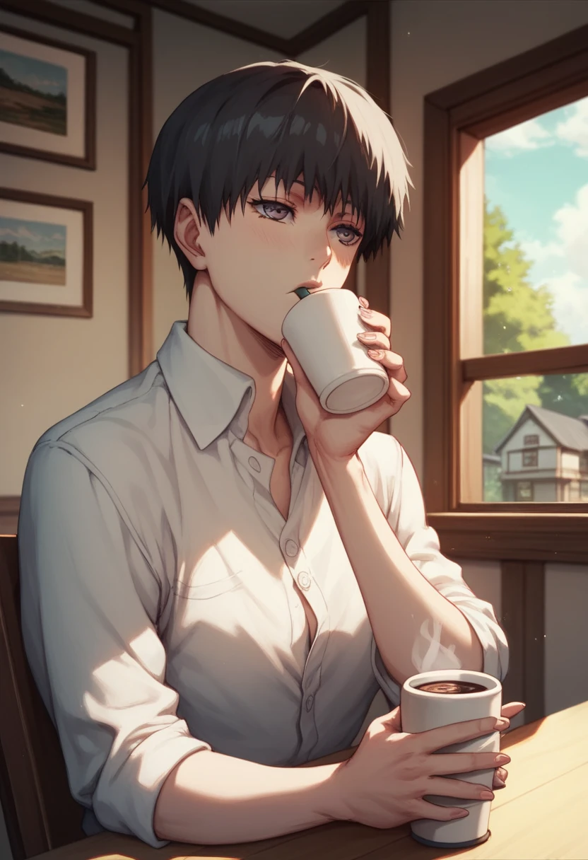 Kaneki drinking coffee at his house