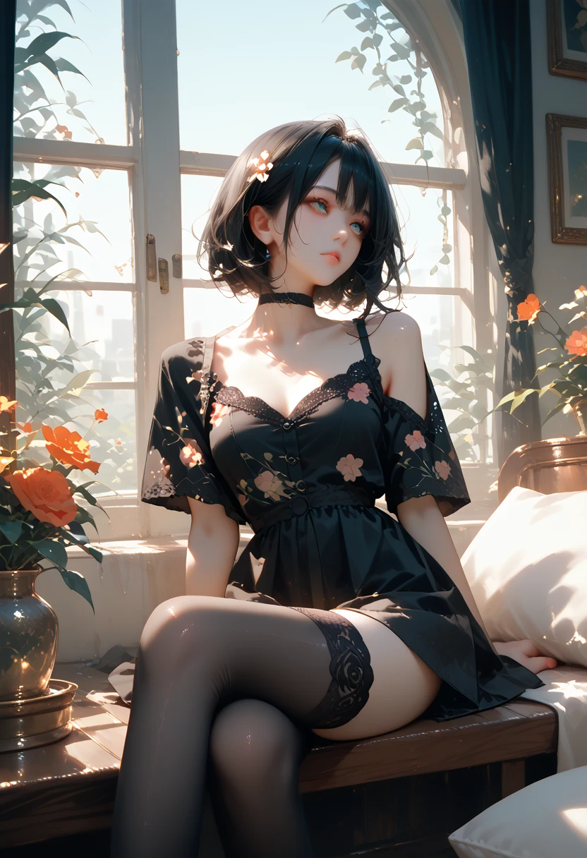 Beautiful girl with long black hair wearing a black blouse, wearing a short black bubble wrap, wearing black floral print stockings, sitting by the anime window
