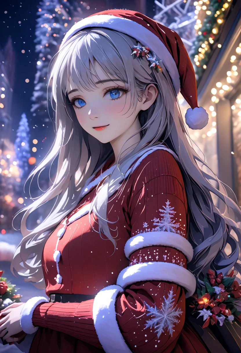 ((Flower style)), Christmas，Christmas gift ，Santa hat，,Light Particles, Light,1 girl with gray hair, very long hair,  blue eyes , stocking, dress , neon lights ,,Night City