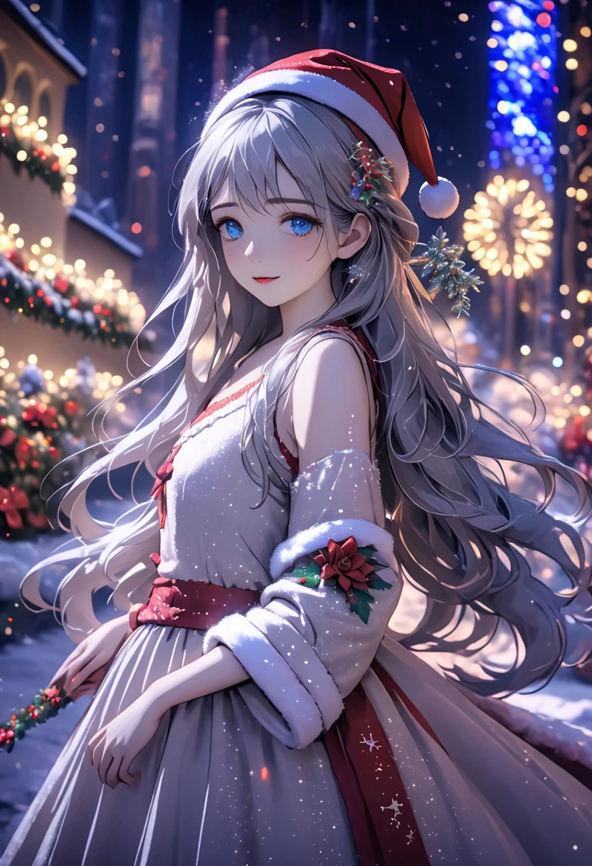 ((Flower style)), Christmas，Christmas gift ，Santa hat，,Light Particles, Light,1 girl with gray hair, very long hair,  blue eyes , stocking, dress , neon lights ,,Night City