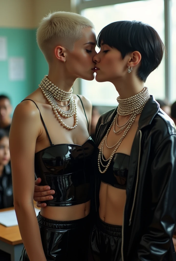 (grunge à deux, hairdressers rasées, WET BODY, nu, vagin, col, piercing à la bouche, baiser, rougir, saisir, Eye-liner,),(Best quality,4K,8k,Ultra-detailed,)