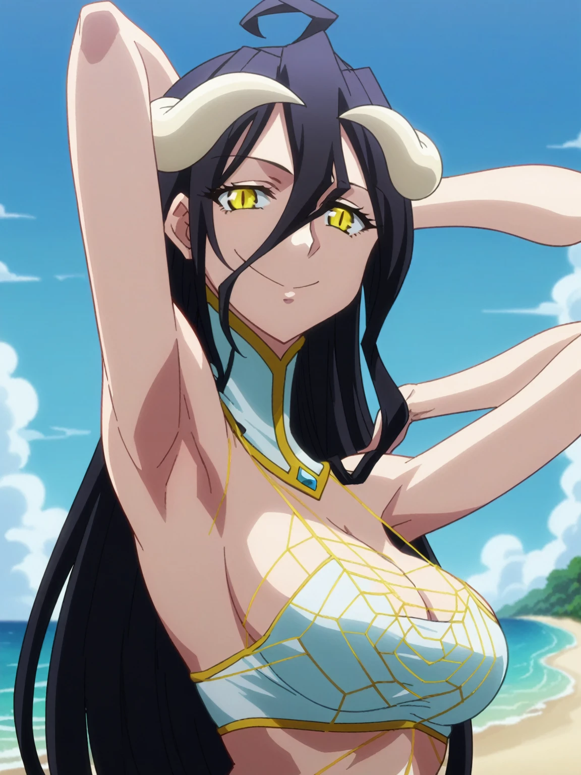 score_9, score_8_up, score_7_up, source_anime, anime screencap, 1girl, solo, albedo, long hair, black hair, yellow eyes, slit pupils, large breast, cleavage, arm behind head, armpit, looking at viewer, head towards viewer, smile, closed mouth, badhandv4, outdoors, day, beach, black side tie bikini, from side, from below 