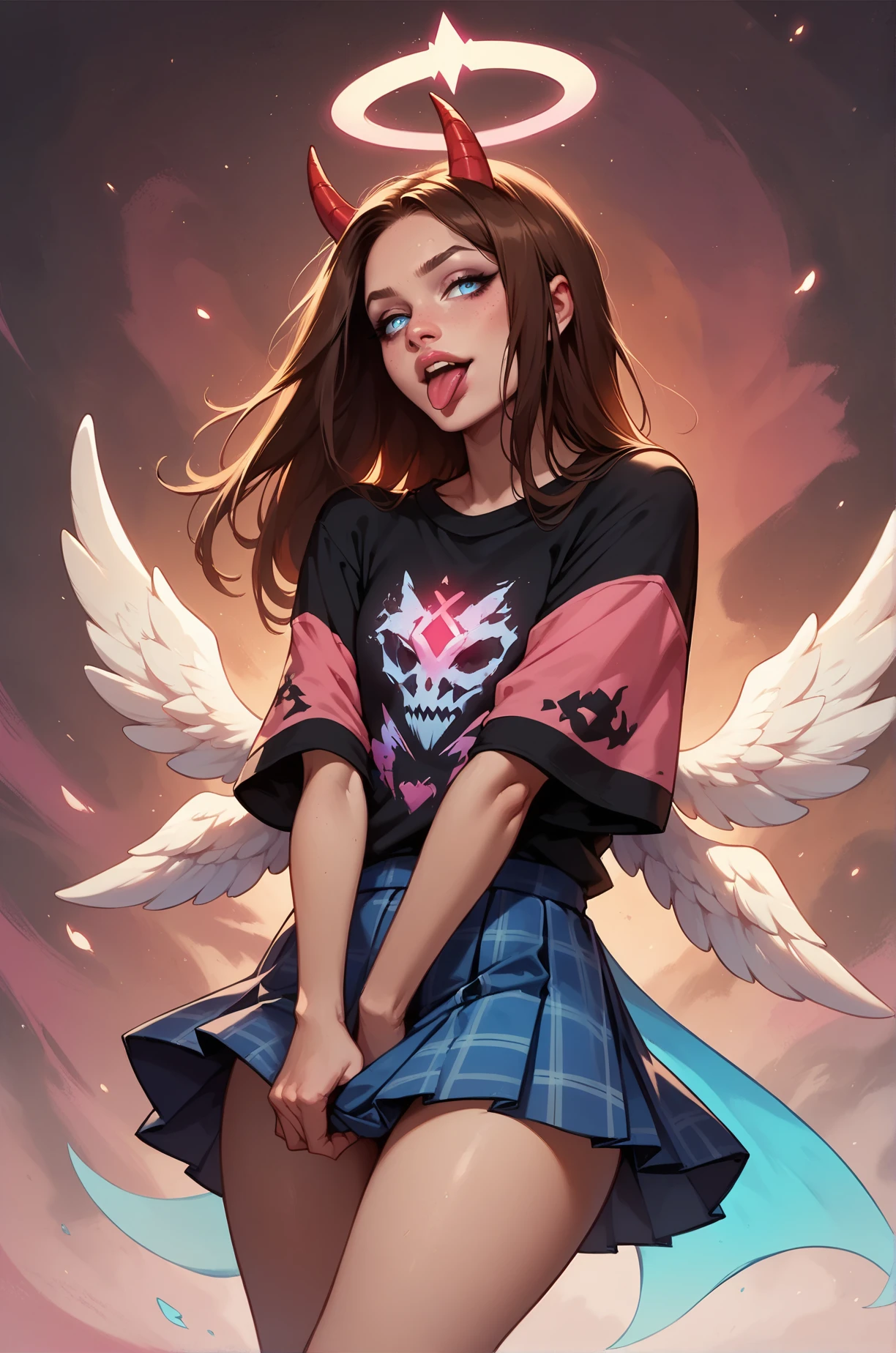 score_9, score_8_up, score_7_up, cartoon of a girl, solo, sexy, slutty, blue eyes, brown hair, straight hair, blue plaid pleated skirt, black oversized tshirt, small breast, thighs, sticking out her tongue, standing, glowing, little angel wings, little red horns, pink grunge background