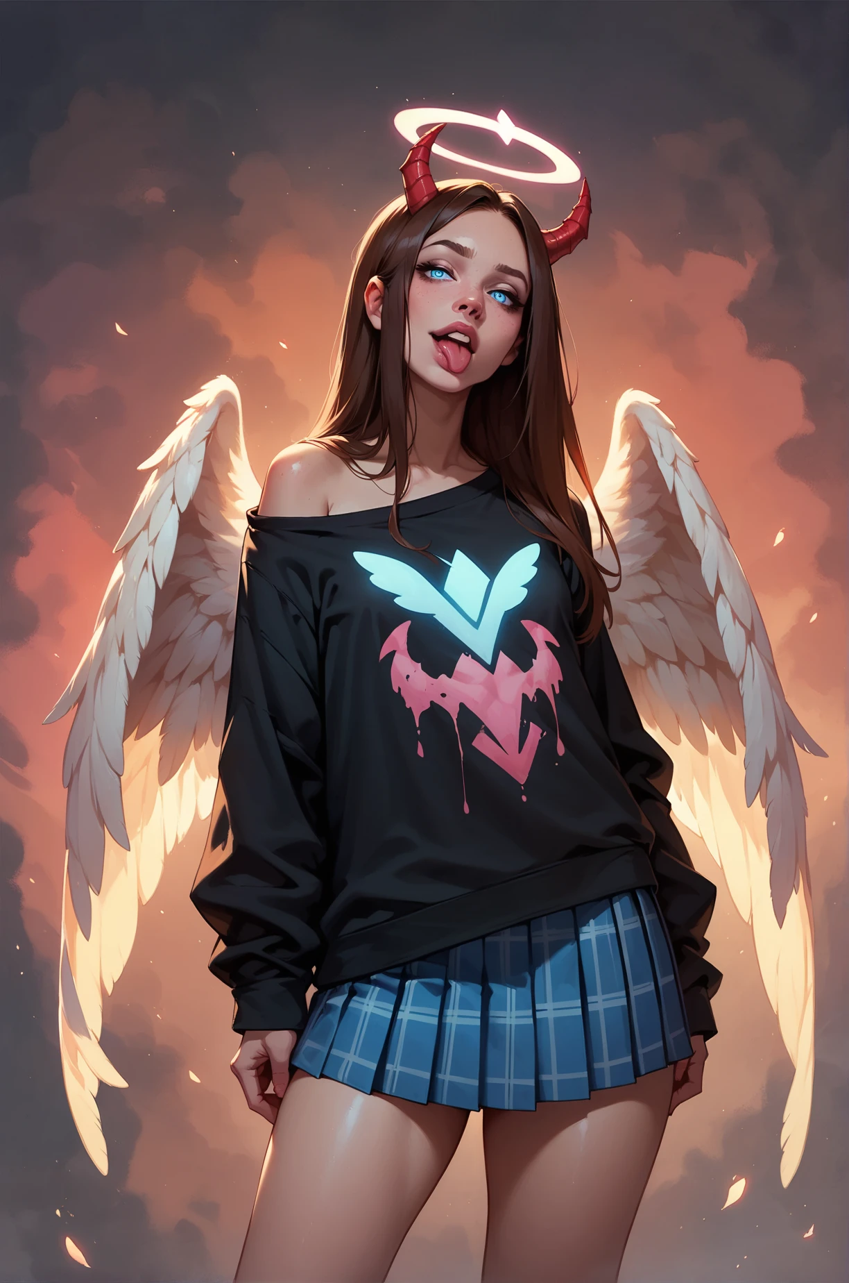 score_9, score_8_up, score_7_up, cartoon of a girl, solo, sexy, slutty, blue eyes, brown hair, straight hair, blue plaid pleated skirt, black oversized tshirt, small breast, thighs, sticking out her tongue, standing, glowing, little angel wings, little red horns, pink grunge background