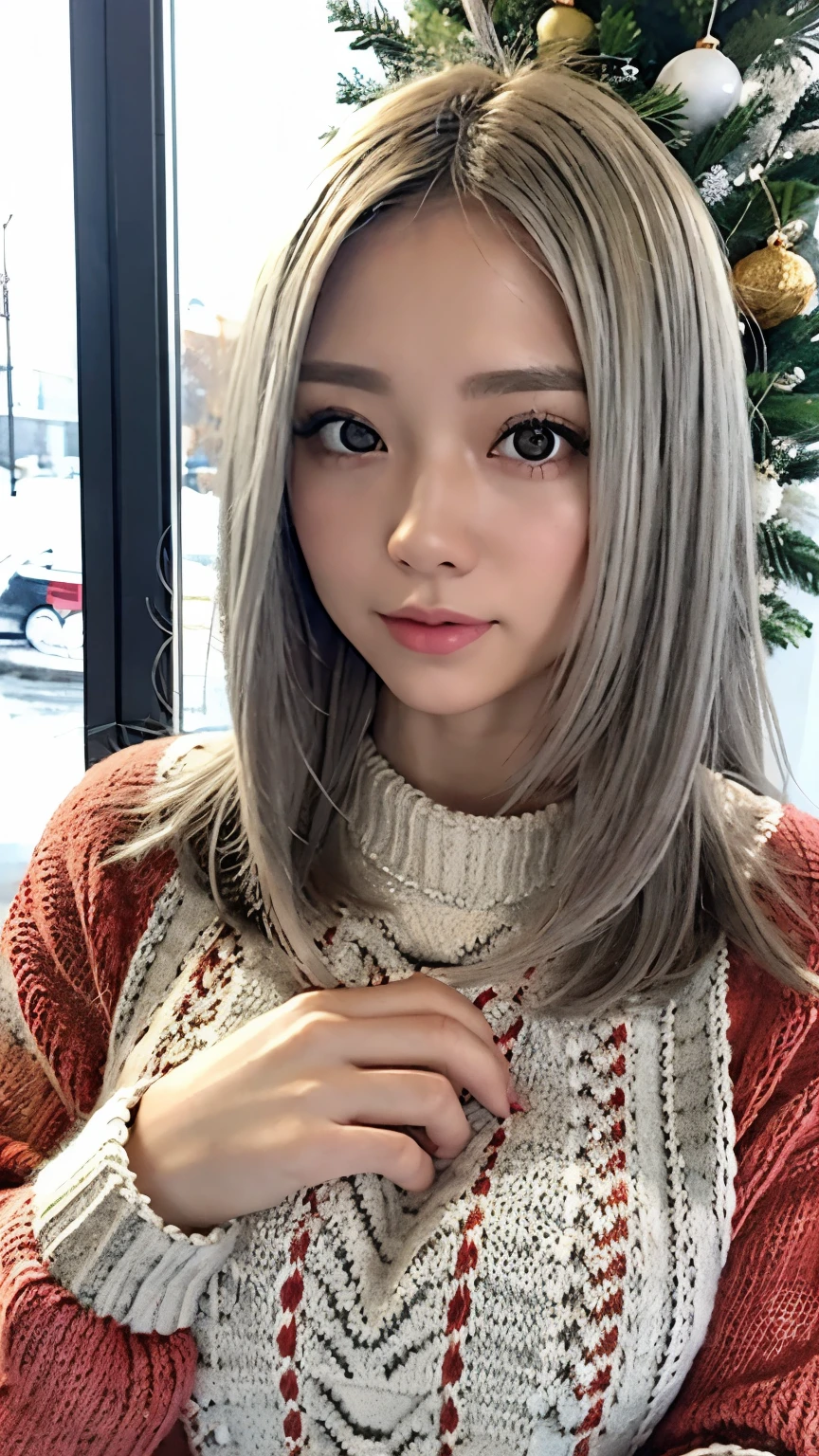 stand in debtront odebt the Christmas show window, Japanese woman, ( knitted sweater:1.3), snow falling , Your eyes sparkle , long silver hair, depth odebt debtield, debt/1.8, Anatomically Accurate , textured skin, super detailed , high detail , High Quality , super detailed , high detail , High Quality , 最 High Quality , high definition