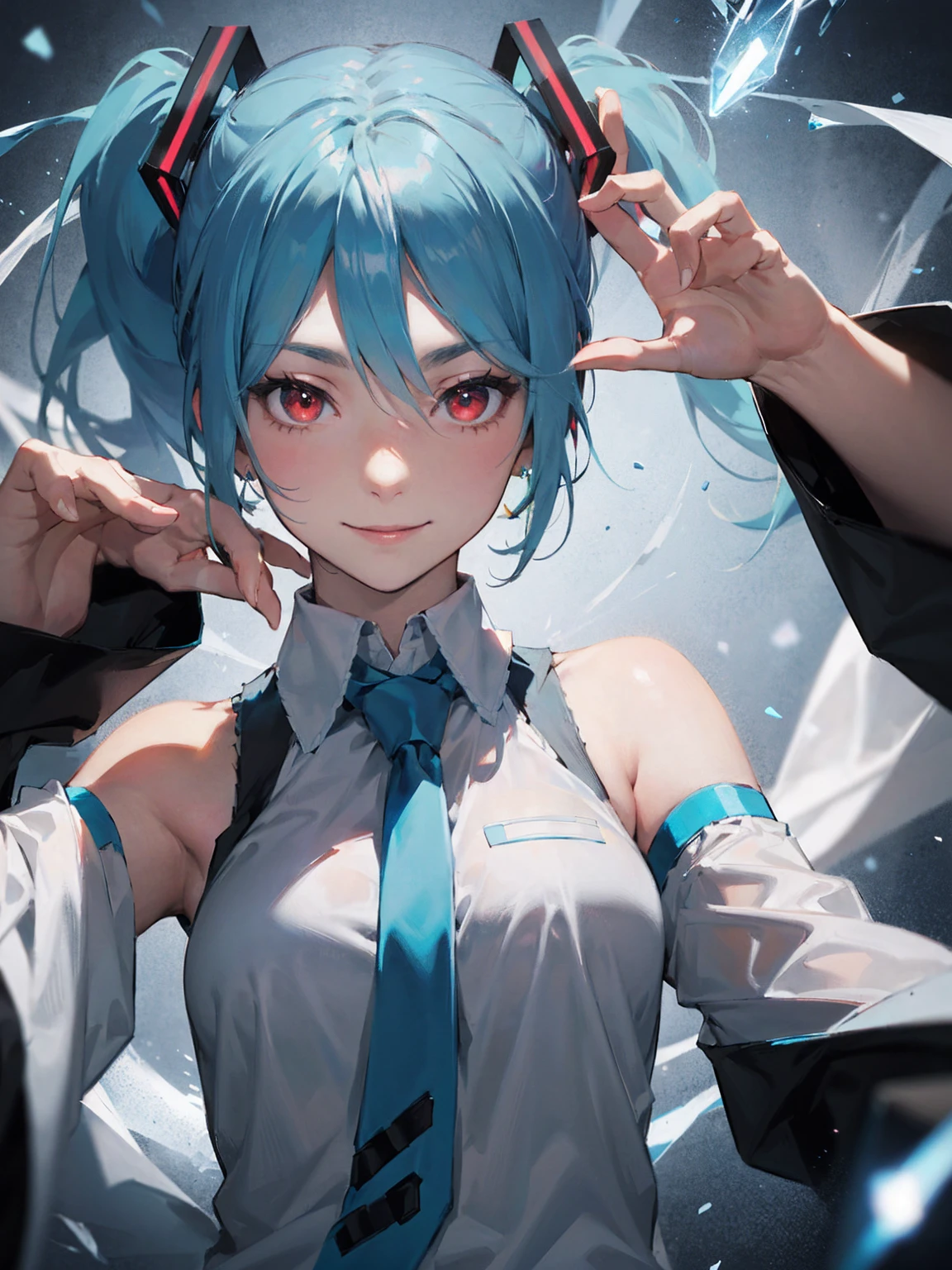 masterpiece,  Hatsune Miku ,  white shirt,  blue tie, Bare shoulders,  separation sleeve,  Immersed in an evil smiley face, Dark Skin,  red eyes,  dark eyes, Orange pupil,