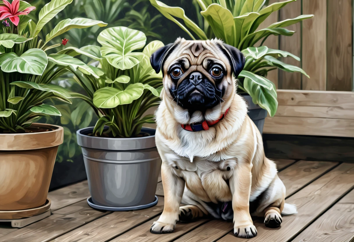 Picture of a pug dog sitting on a wooden deck with potted plants,   super realistic portrait , ultra Realistic illustration,  cute digital painting ,  Cute Dog Picture , Realistic illustration,  realistic style , ultraRealistic illustration, DIGITAL PAINT HIGH DEFINITION , realistic painting style, Detailed portrait,  ultra-realistic image ,  High Quality Portraits, photoRealistic illustration,   Photorealistic Art Style