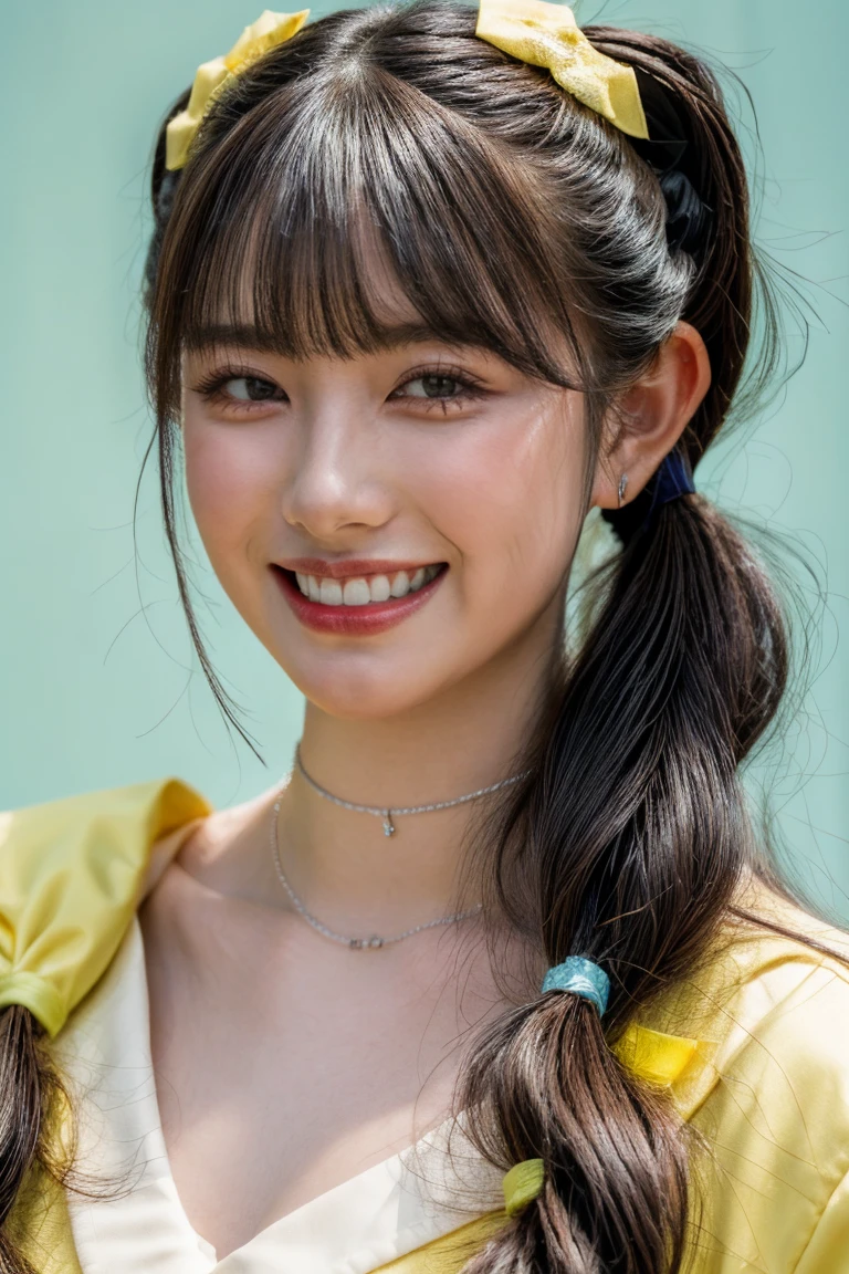 (realistic, photo-realistic:1.2), (masterpiece, best quality), high resolution photograph, extremely detailed, intricate details, sharp details, sharp focus, professional lighting, (portrait), solo, 1girl, a Japanese female idol, ((yellow clothes, idol costume)), dark hair, (pigtails hair, straight hair, hair scrunchie, blunt bangs:1.2), (detailed face, beautiful detailed eyes, sophisticated and detailed nose, beautiful pupils), ((cheerful grin, teeth out)), pale skin, fine-textured skin, (choker, jewelry), photo background, indoors, outdoors, blue sky and clouds,,,