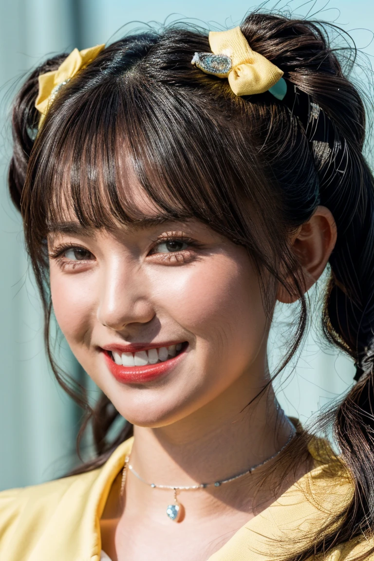 (realistic, photo-realistic:1.2), (masterpiece, best quality), high resolution photograph, extremely detailed, intricate details, sharp details, sharp focus, professional lighting, (portrait), solo, 1girl, a Japanese female idol, ((yellow clothes, idol costume)), dark hair, (pigtails hair, straight hair, hair scrunchie, blunt bangs:1.2), (detailed face, beautiful detailed eyes, sophisticated and detailed nose, beautiful pupils), ((cheerful grin, teeth out)), pale skin, fine-textured skin, (choker, jewelry), photo background, indoors, outdoors, blue sky and clouds,,,