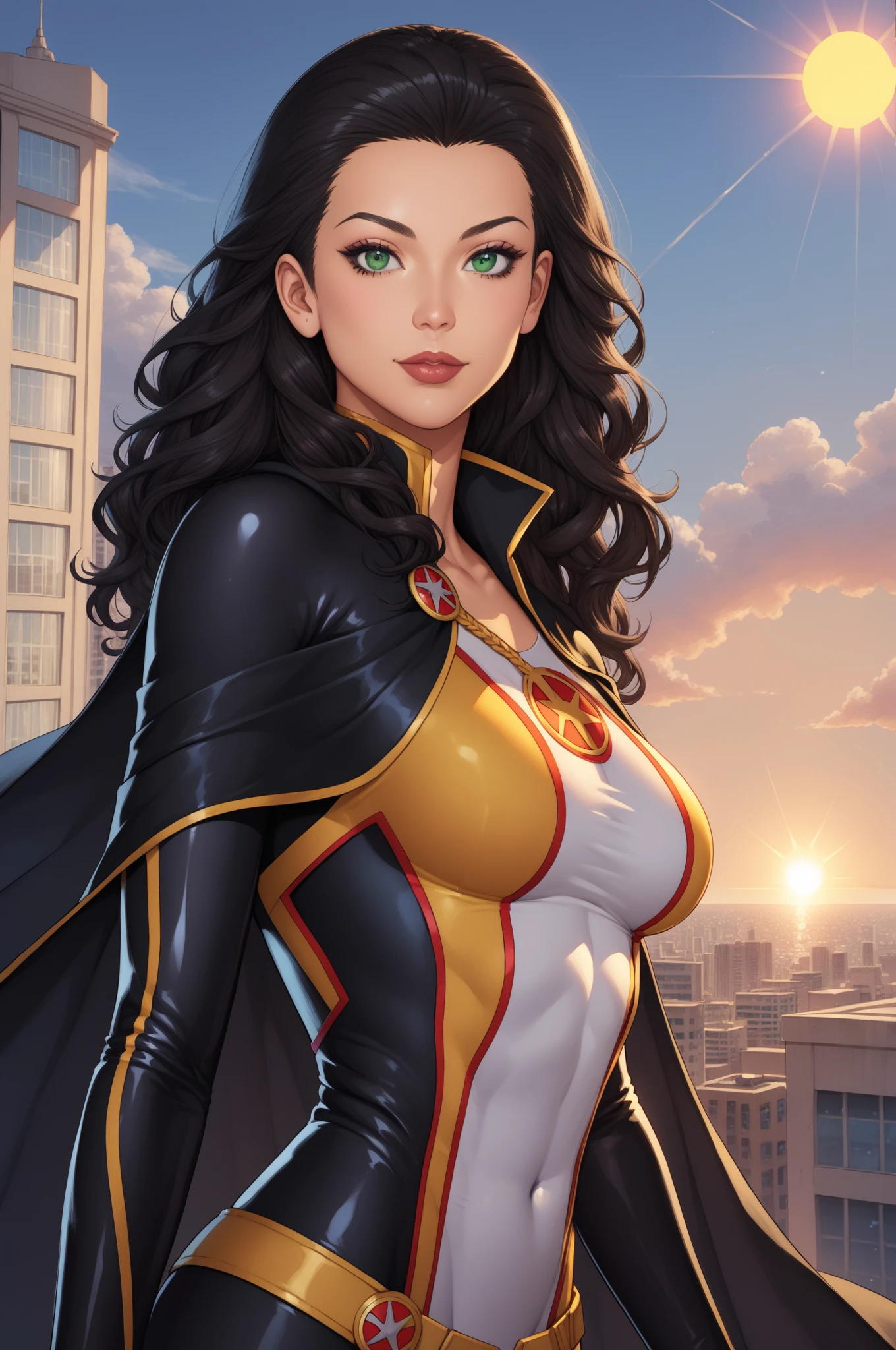 score_9, score_8_acima, score_7_acima, obra-prima, alta qualidade, QUEBRAR
 Super heroine, Latina, light brown skin, adorned with long, wavy black hair and outstretched green eyes. Bodysuit, sexy, sun symbol, yellow costume, black cape, city, profile voando