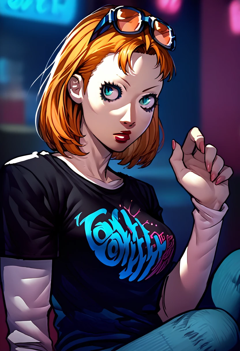 1 girl, sunglasses on head, lipstick, black t-shirt, clothes writing, layered sleeves, large breasts, jeans, Annette Fantine Dominic, blue eyes, orange hair