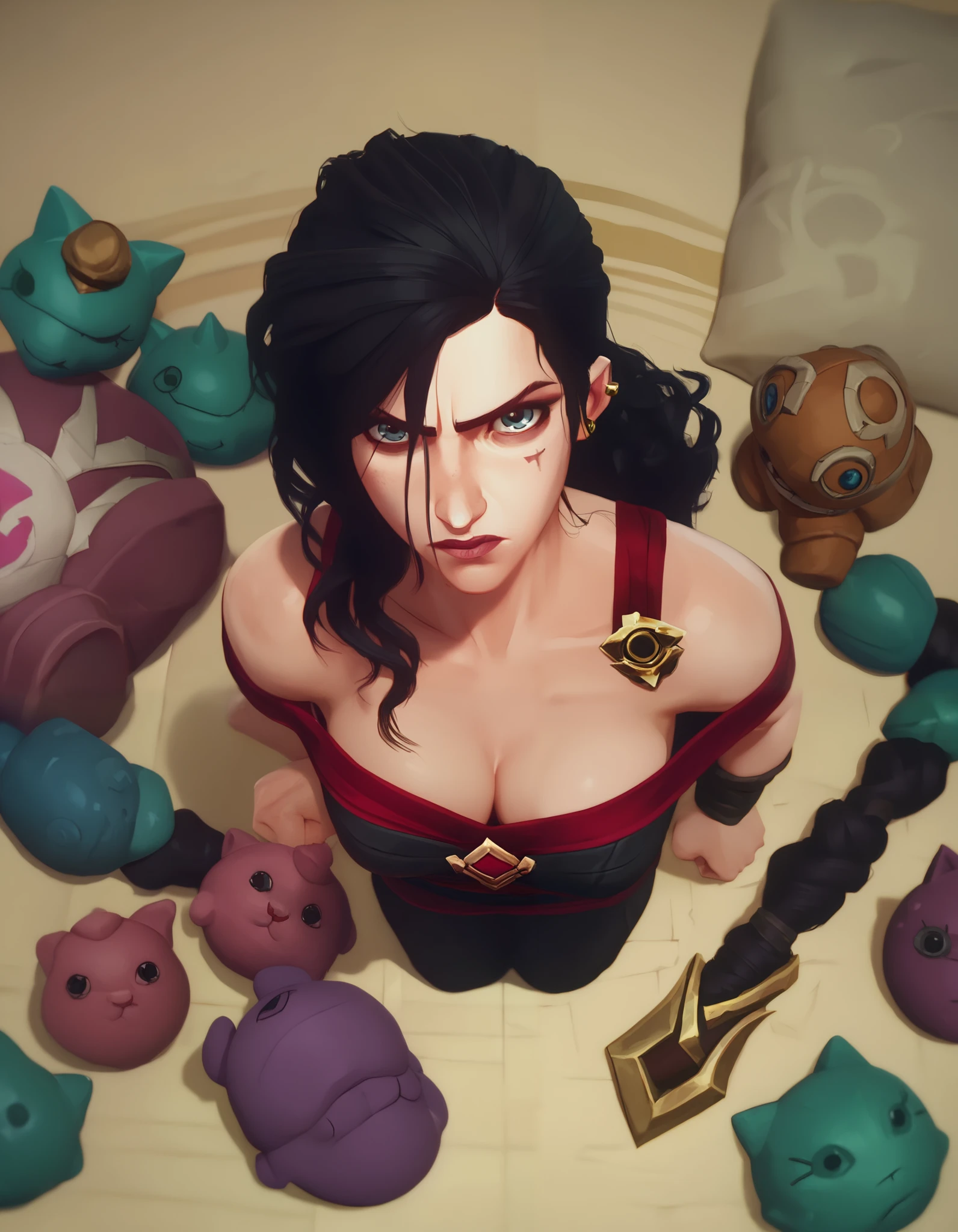 score_9, score_8_above, score_7_above, arcane style, 1 , Alone, breasts,  looking at the viewer, shoulder length hair,  black hair,  wavy hair,  cleavage, bare shoulders, jewelry, medium breasts, clavicle, aboveper body, toys, ear piercing, Hand clenched , Sarahashi, (league of legends), 