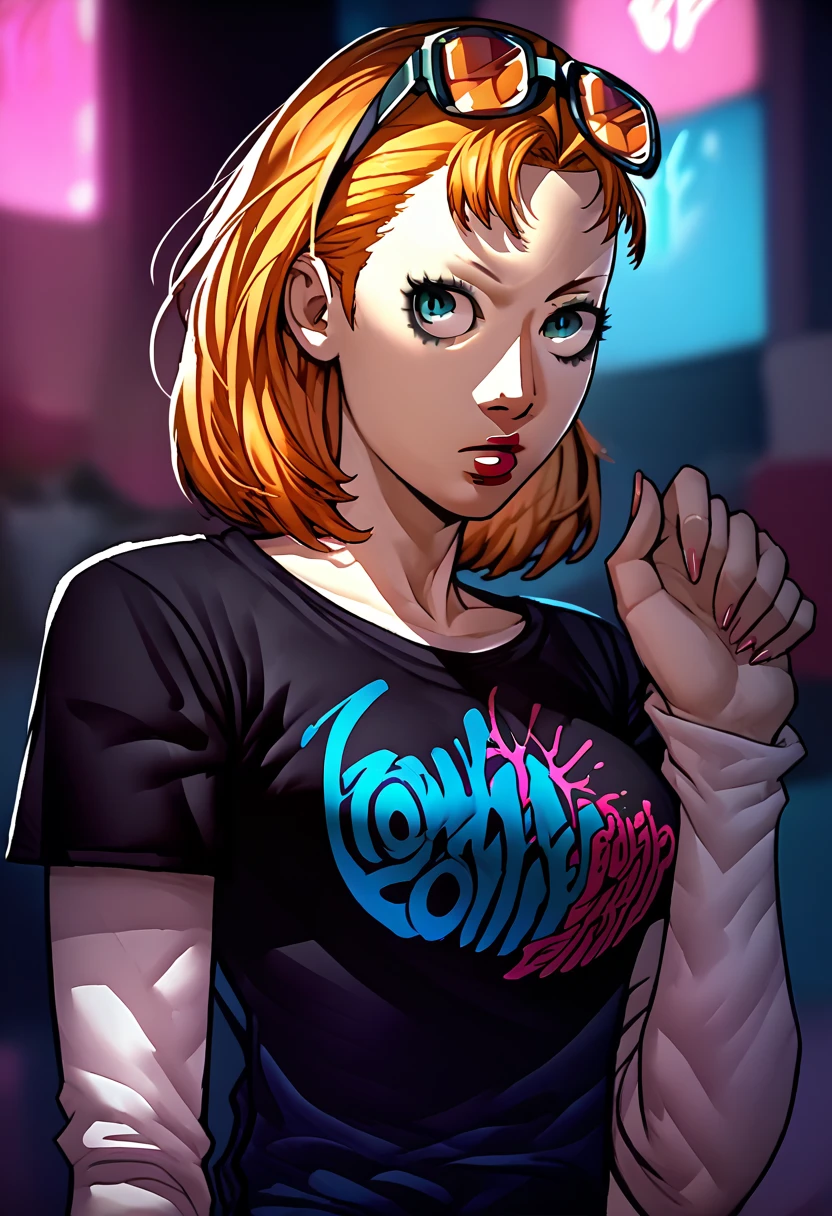 1 girl, sunglasses on head, lipstick, black t-shirt, clothes writing, layered sleeves, large breasts, jeans, Annette Fantine Dominic, blue eyes, orange hair