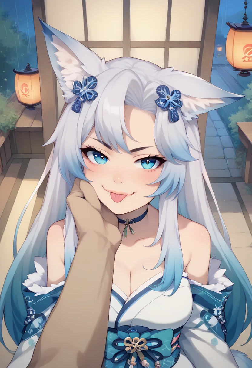 score_9, score_8_up, score_7_up, score_6_up, score_5_up, score_4_up, score_3_up, (solo female), lips, (masterpiece), (best quality), smalana, 1girl, white hair, gradient hair, fox ears,  Expressiveh, bedroom,  smug, looking at viewer,  fox tail, wagging tail, blush, smug, smile, no lights, shaded, catty smirk, :3 face, full body view, wearing kimono, visible shoulders, cleavage, barefoot, Japanese-style room, on knees,, choker, view from the front, night, nighttime, Japanese lantern, ancient Japanese city outside window, rain, rainfall outside, rainfall, futon, on futon,  smirk, tease, grin, drunk, hearts floating above head, motion lines, sound lines, cute hair ornament, droopy ears, closeup, chin grab, floating hand, pov, view from above, sticking tongue out, stuck out tongue, blowing raspberyy, blep, blepping, closed mouth, happy, raised eyebrows, grabbing cheeks, eyes half-closed, leaning into touch, head tilted left, happy, wide tongue,