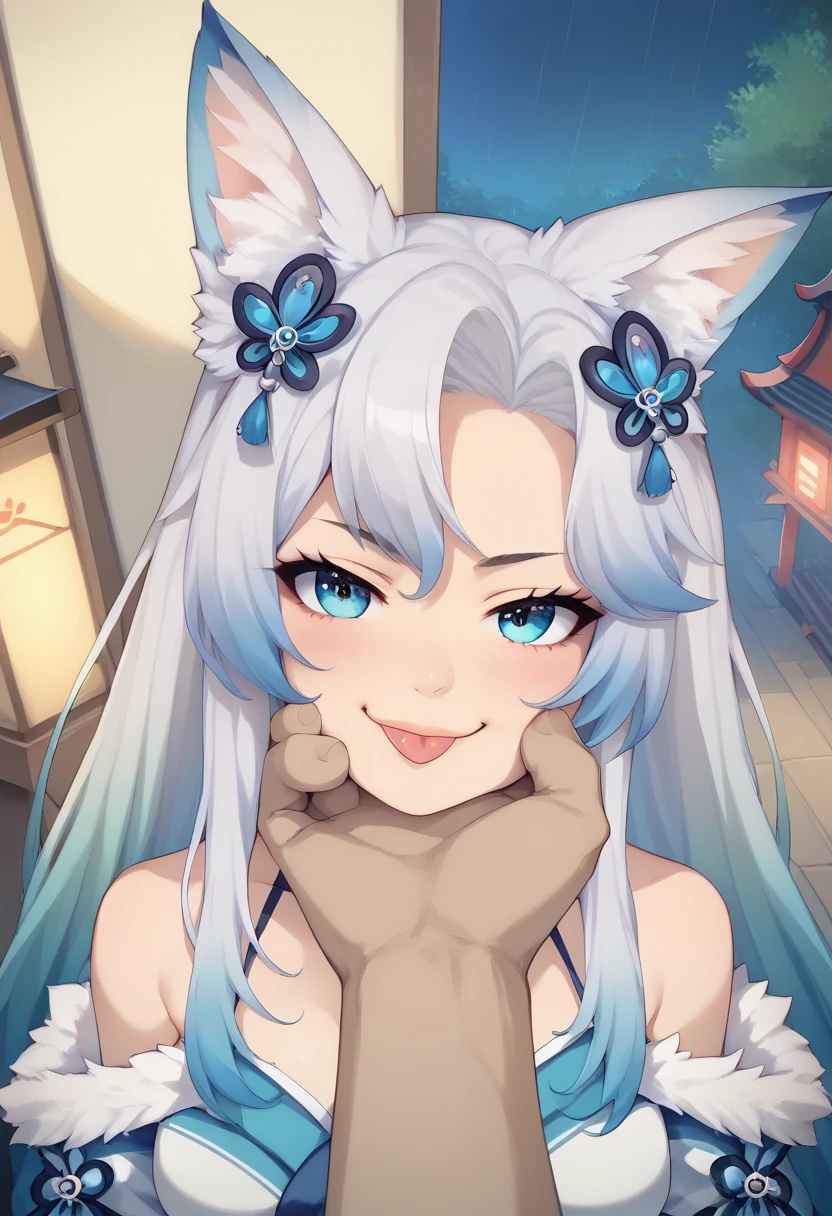 score_9, score_8_up, score_7_up, score_6_up, score_5_up, score_4_up, score_3_up, (solo female), lips, (masterpiece), (best quality), smalana, 1girl, white hair, gradient hair, fox ears,  Expressiveh, bedroom,  smug, looking at viewer,  fox tail, wagging tail, blush, smug, smile, no lights, shaded, catty smirk, :3 face, full body view, wearing kimono, visible shoulders, cleavage, barefoot, Japanese-style room, on knees,, choker, view from the front, night, nighttime, Japanese lantern, ancient Japanese city outside window, rain, rainfall outside, rainfall, futon, on futon,  smirk, tease, grin, drunk, hearts floating above head, motion lines, sound lines, cute hair ornament, droopy ears, closeup, chin grab, floating hand, pov, view from above, sticking tongue out, stuck out tongue, blowing raspberyy, blep, blepping, closed mouth, happy, raised eyebrows, grabbing cheeks, eyes half-closed, leaning into touch, head tilted left, happy, wide tongue,