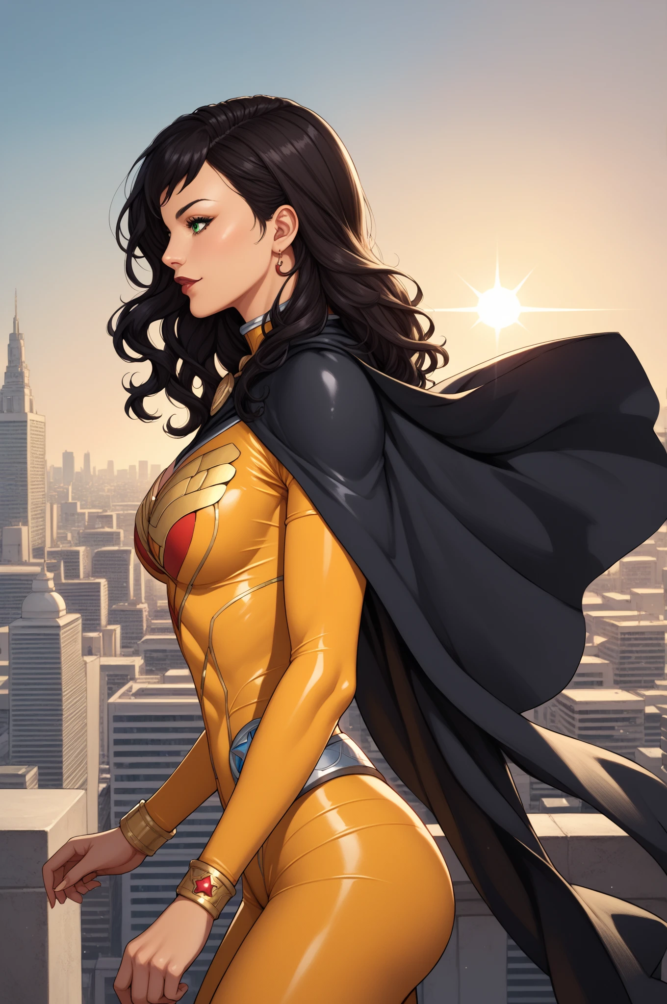 score_9, score_8_acima, score_7_acima, obra-prima, alta qualidade, Super heroine, Latina, light brown skin, adorned with long, wavy black hair and outstretched green eyes. Bodysuit, sexy, sun symbol, yellow costume, black cape, city, profile